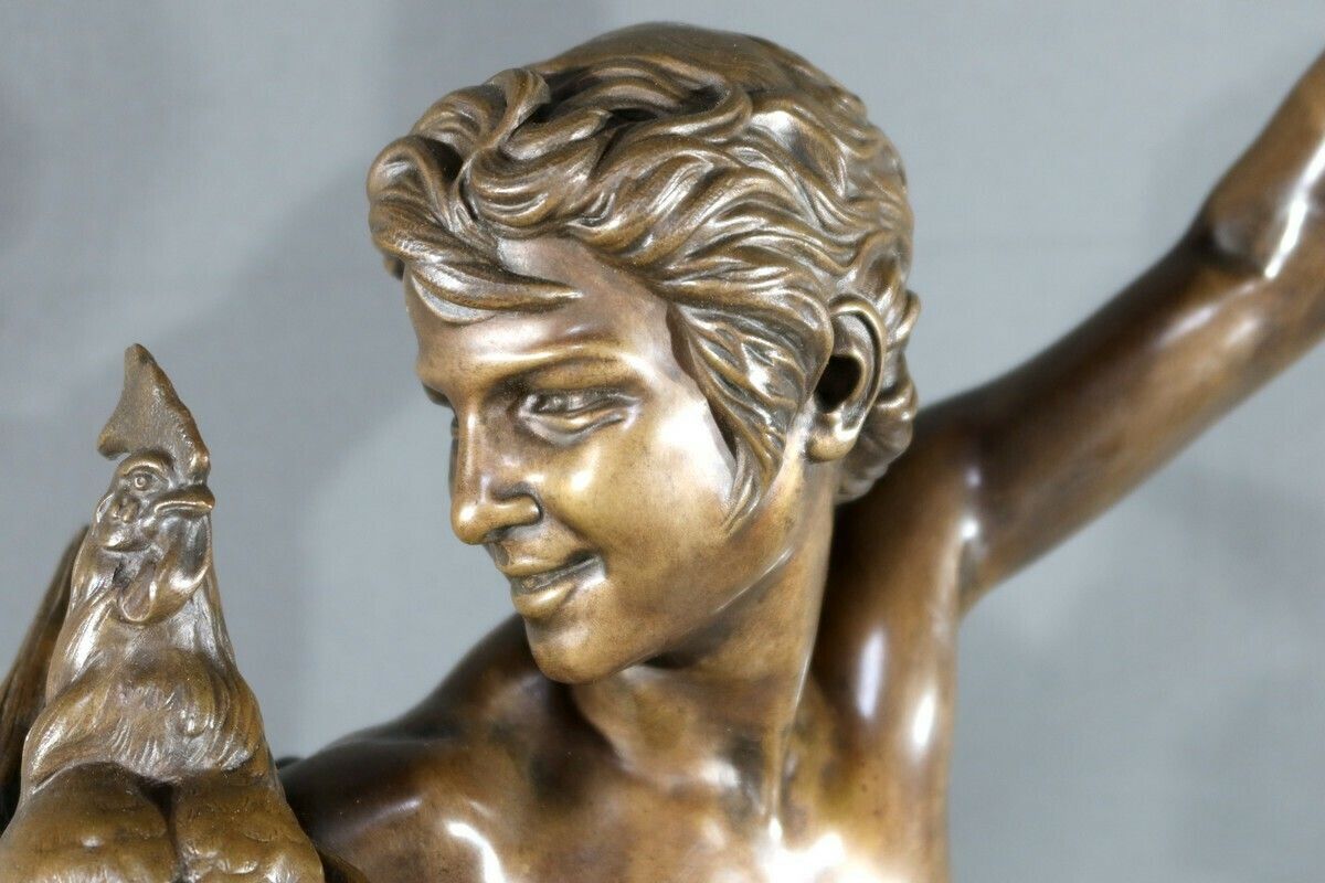 Bronze “Winner In The Cockfight”, Signed A. Falguière – 2nd Part 19th Century photo vintage