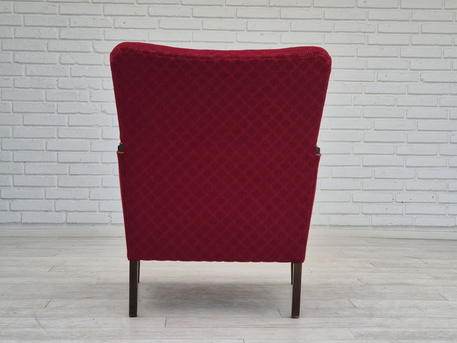 photo buy 1950s, Danish Design, Armchair, Original Condition, Red Cotton Wool Fabric.
