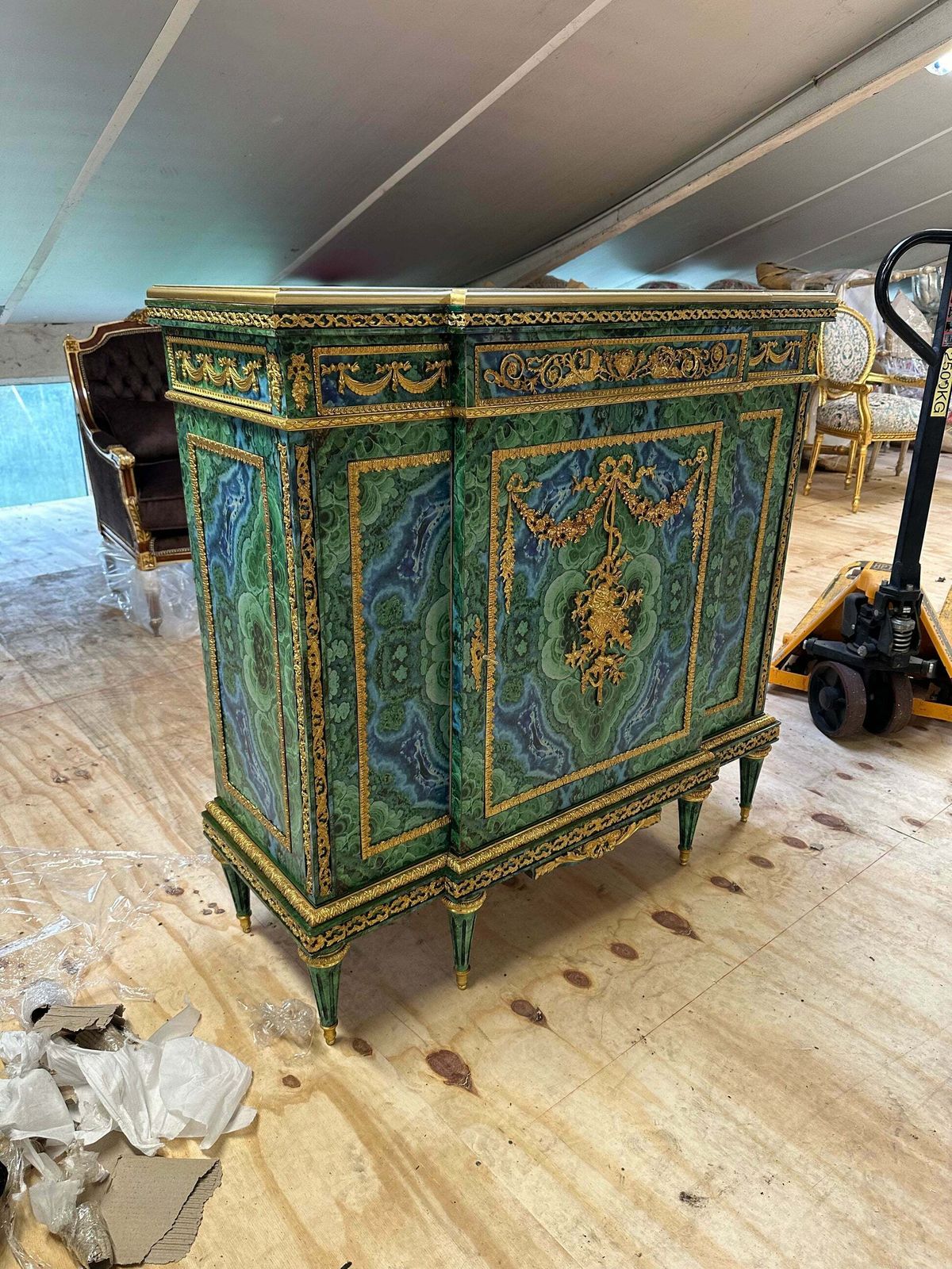 Stunning, French Louis XV, Malachite Coated Pier Cupboard photo for sale