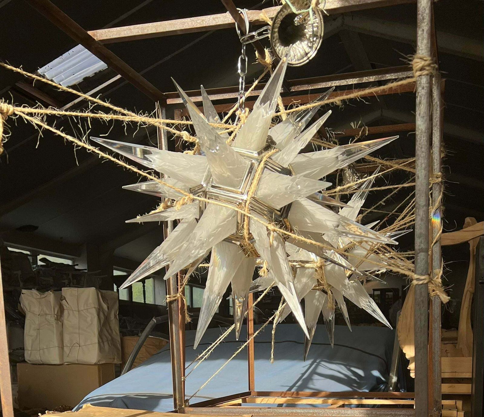 Beautiful Rock Crystal Moravian Star Chandelier By Vossion (Pair Available)