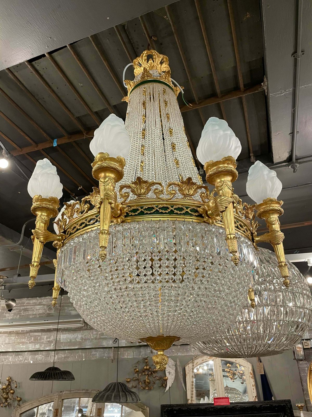 Stunning, French Crystal Empire Chandelier With Bronze Detailing (Pair Available) photo for sale