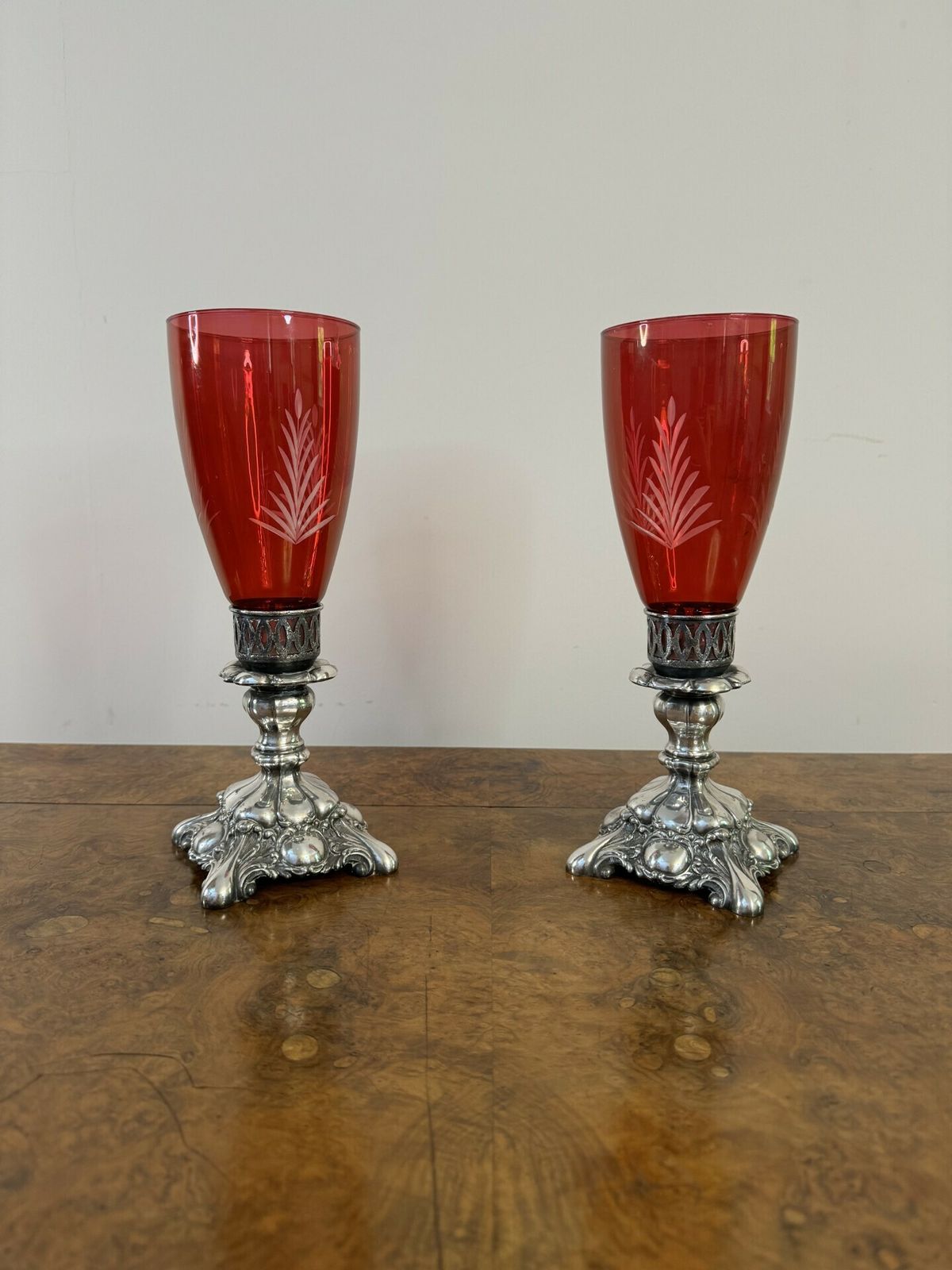 Attractive Pair Of Antique Ruby Glass And Silver Plated Candle Holders photo 425.0