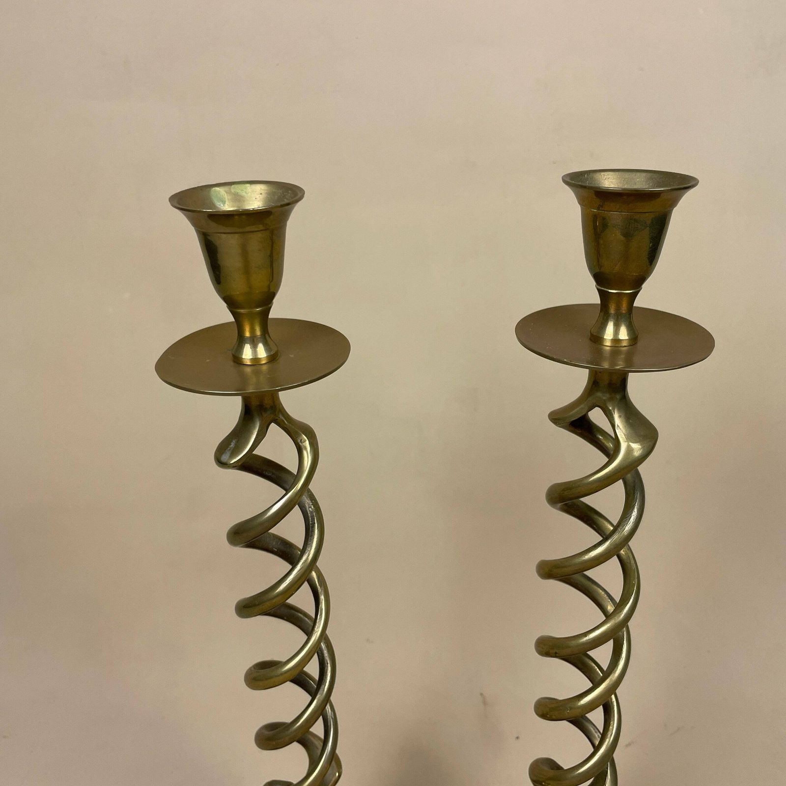 Antique Matching Pair Of Twisted Gold Solid Brass Metal Candlestick Candle Stick Heavy Vintage Column Taper Dinner Candlesticks Twist Square photo 55.0