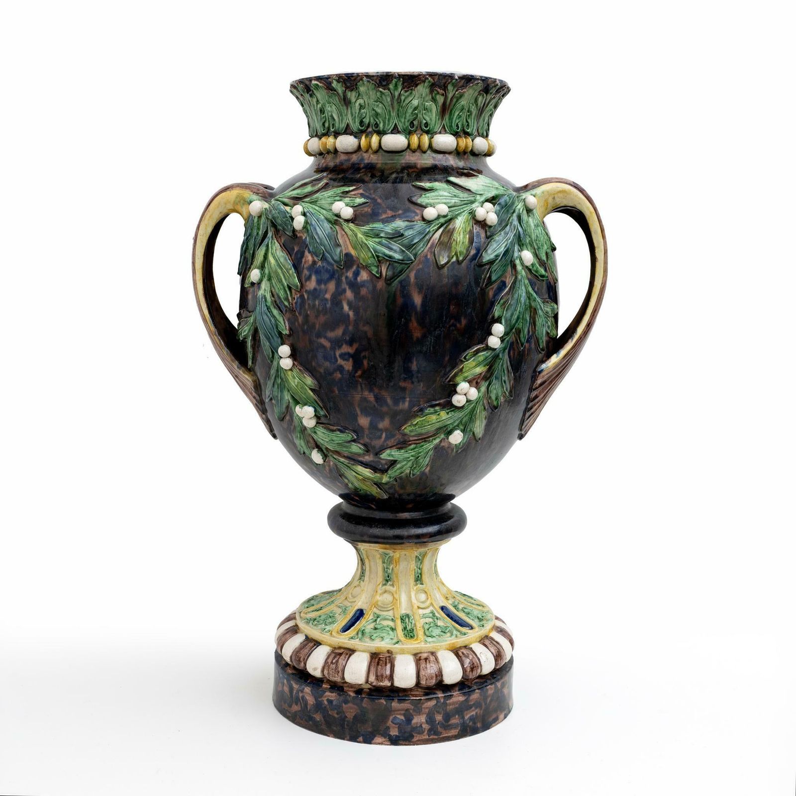 Large 19th Century French Majolica Renaissance Palissy Vase With Mistletoe, 1880 photo for sale
