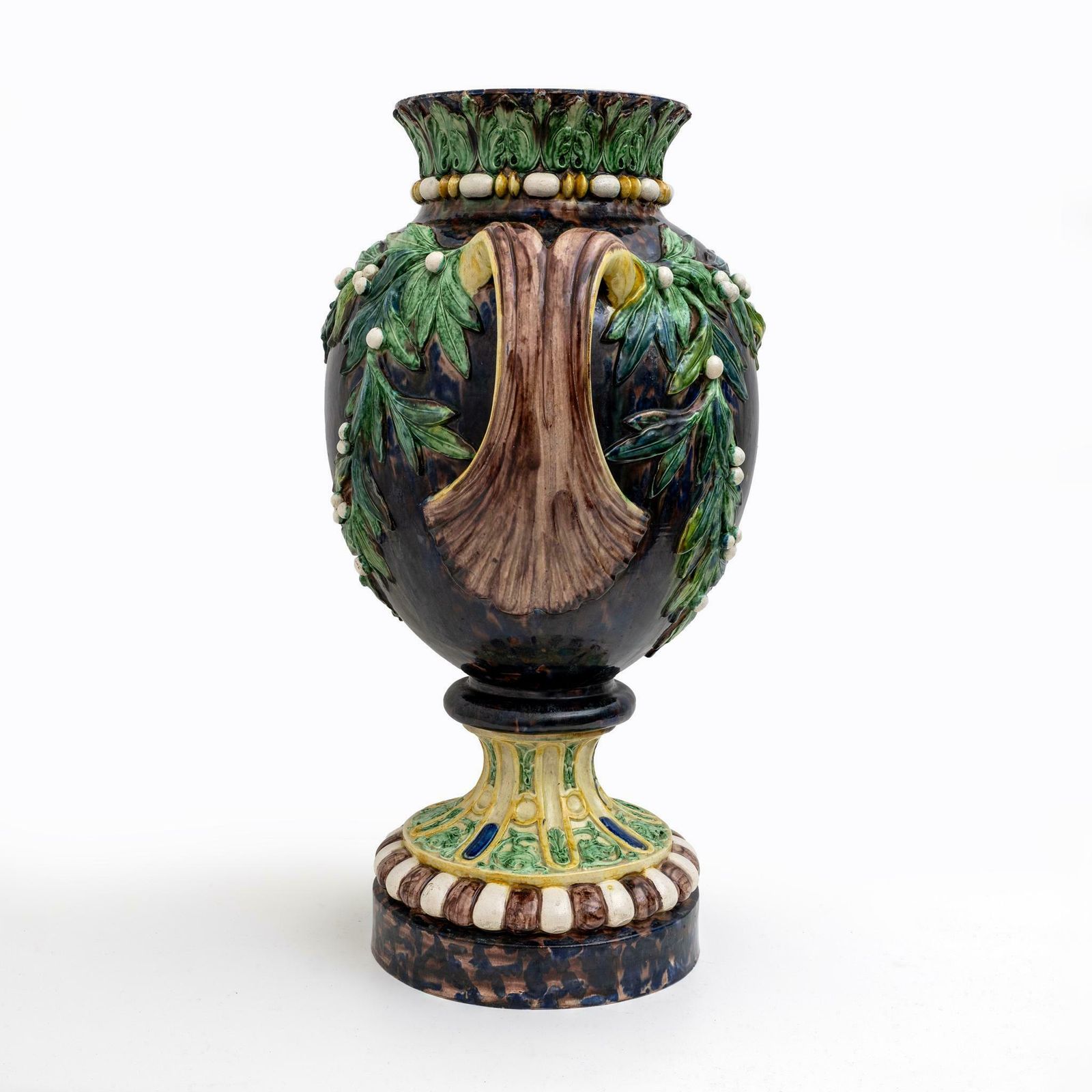 Large 19th Century French Majolica Renaissance Palissy Vase With Mistletoe, 1880 photo buy