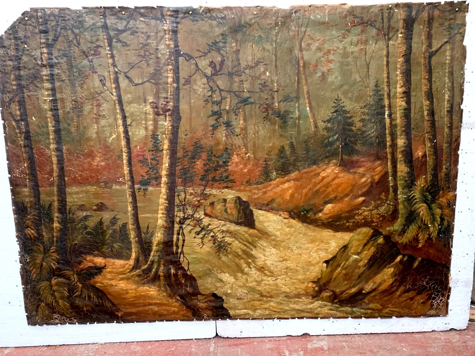 Oil On Canvas "View Of A Watercourse" Decorative Wall Panels 20th Century