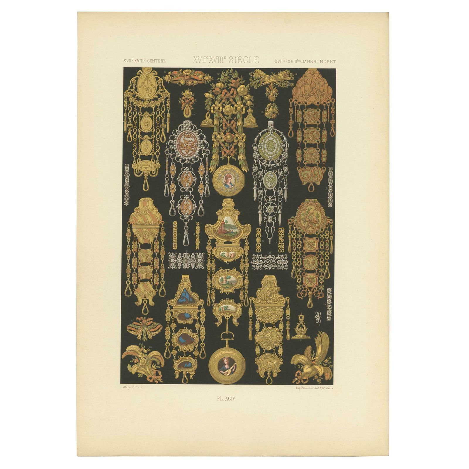 Pl. 94 Antique Print Of Xviith, Xviiith Century Ornaments By Racinet (C.1890)
