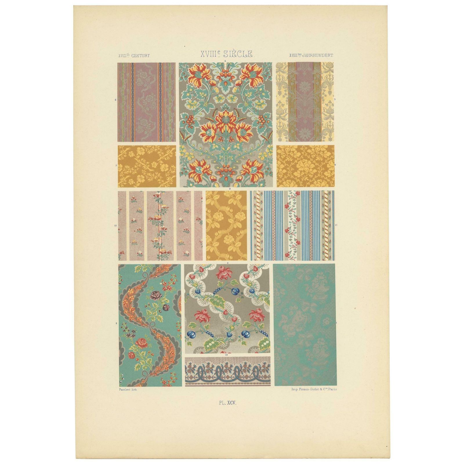 Pl. 95 Antique Print Of Xviiith Century Ornaments By Racinet, Circa 1890