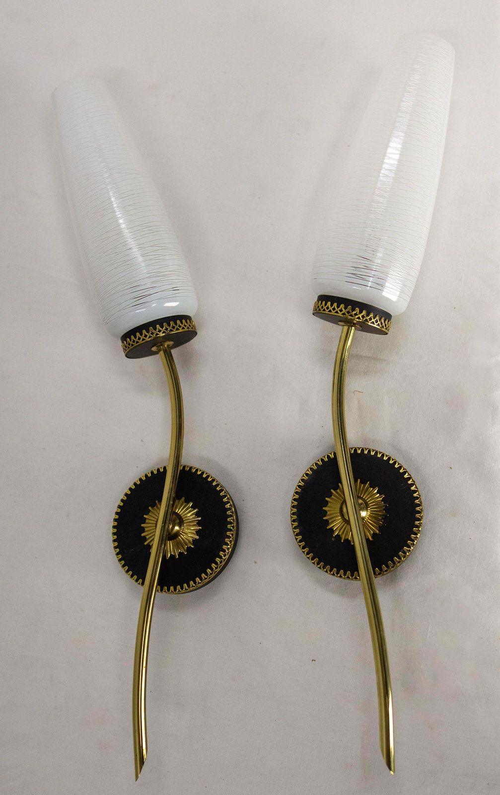 Pair Of Sconces Frozen Glass Black & Golden Chrome Circa 1960 Arlus Style France photo furniture