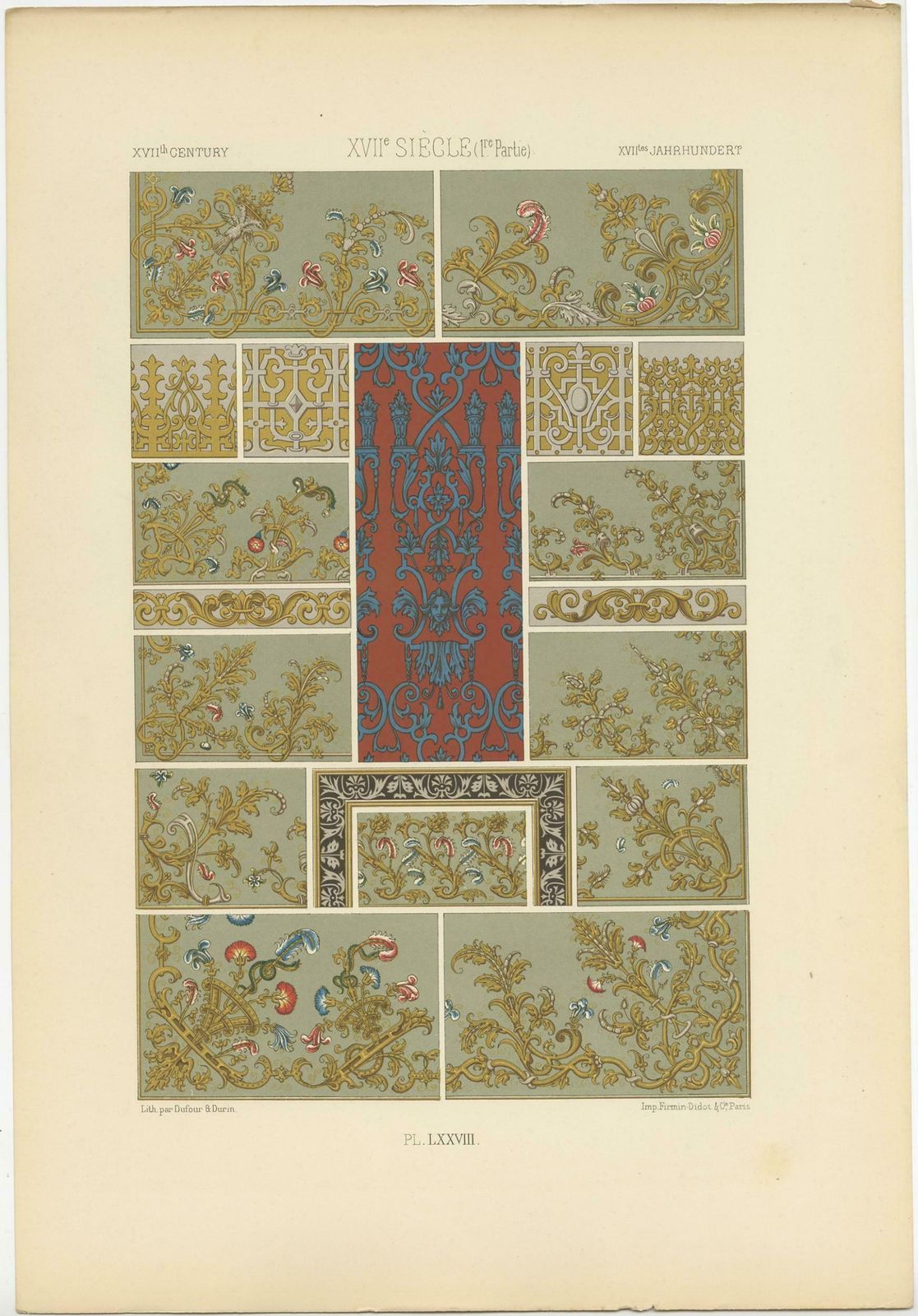 Pl. 78 Antique Print Of Xviith Century Ornaments By Racinet (C.1890) photo furniture