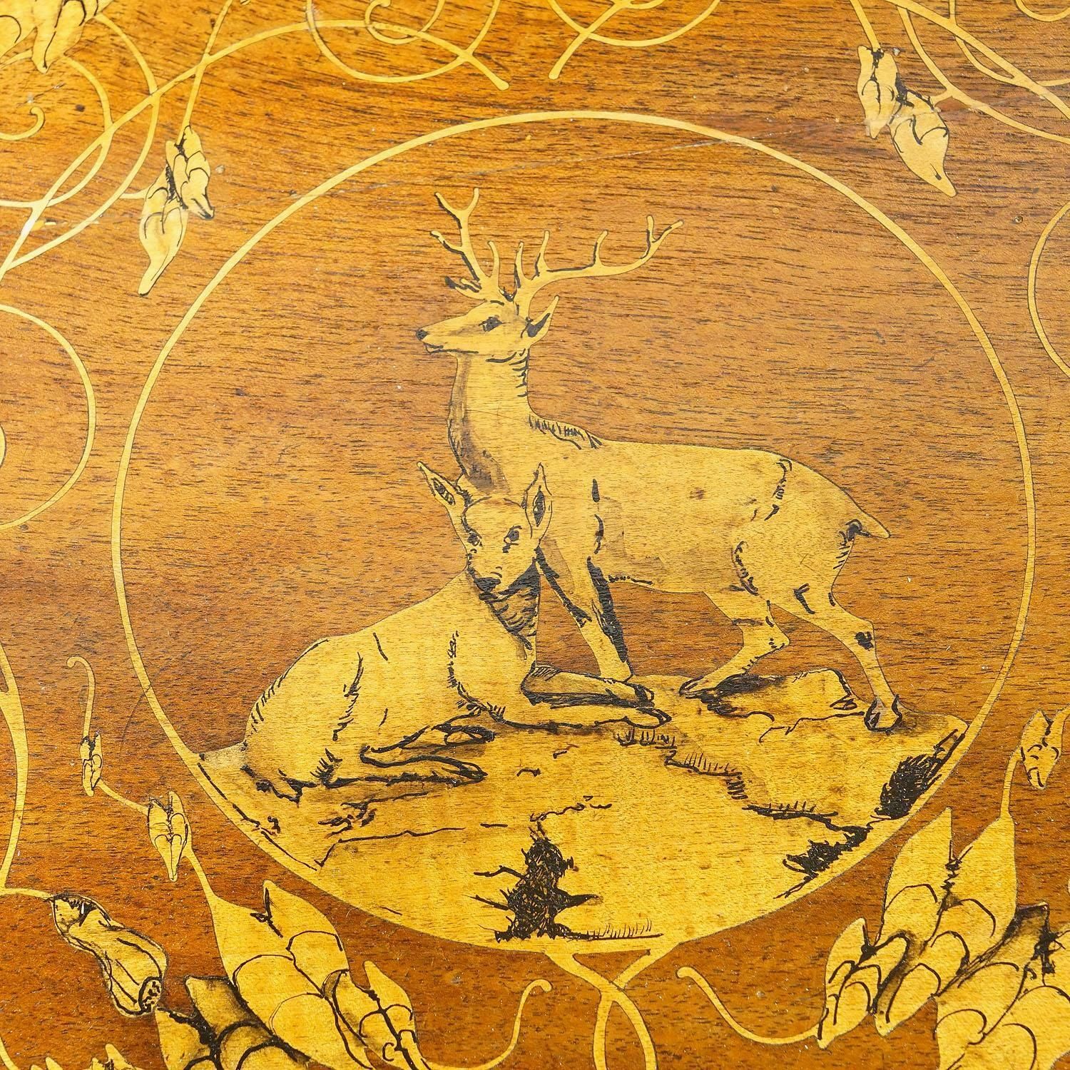 Pair Nutwood Edelweis Marquetry Chairs Swiss Brienz 1900s photo vinterior