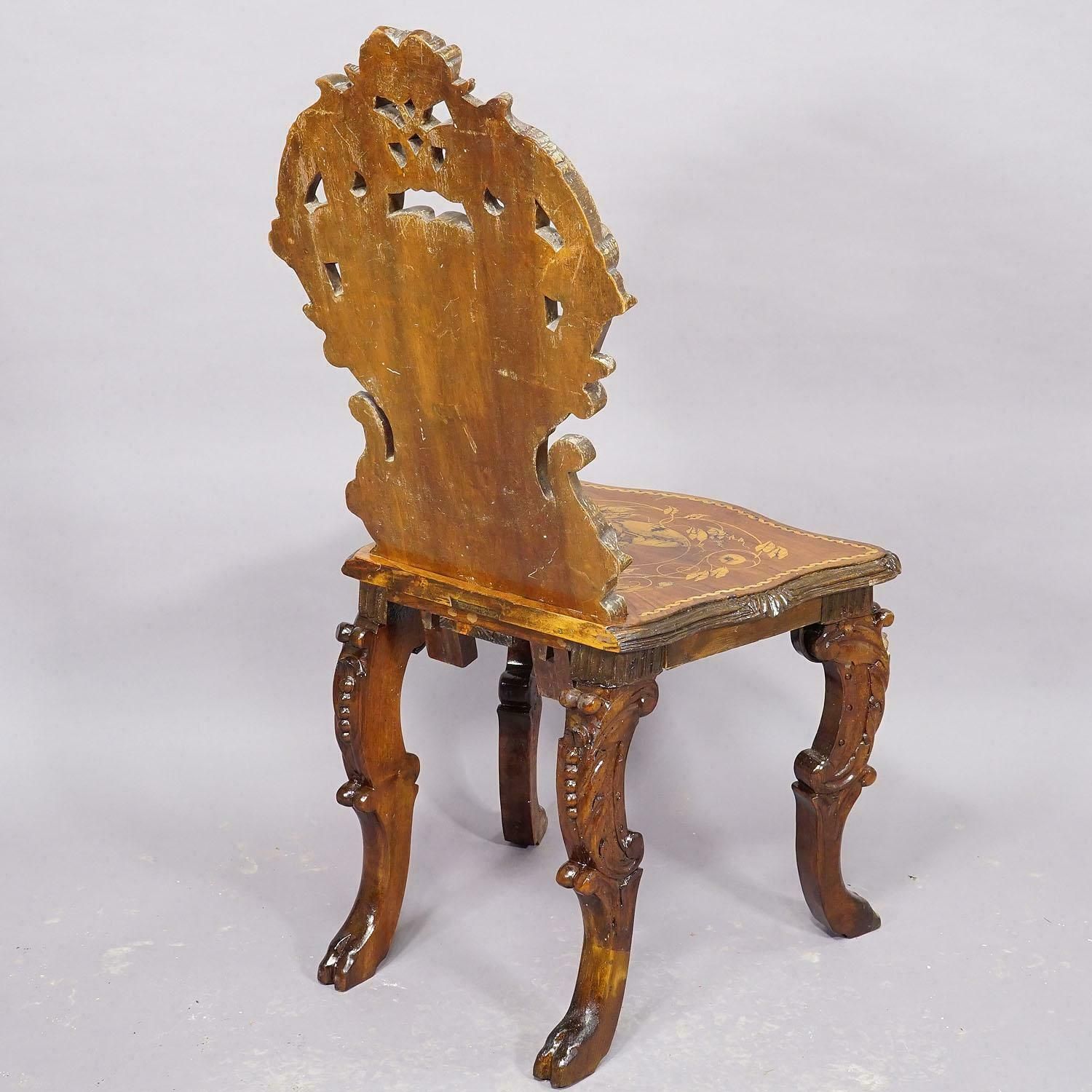 Furniture Pair Nutwood Edelweis Marquetry Chairs Swiss Brienz 1900s photo