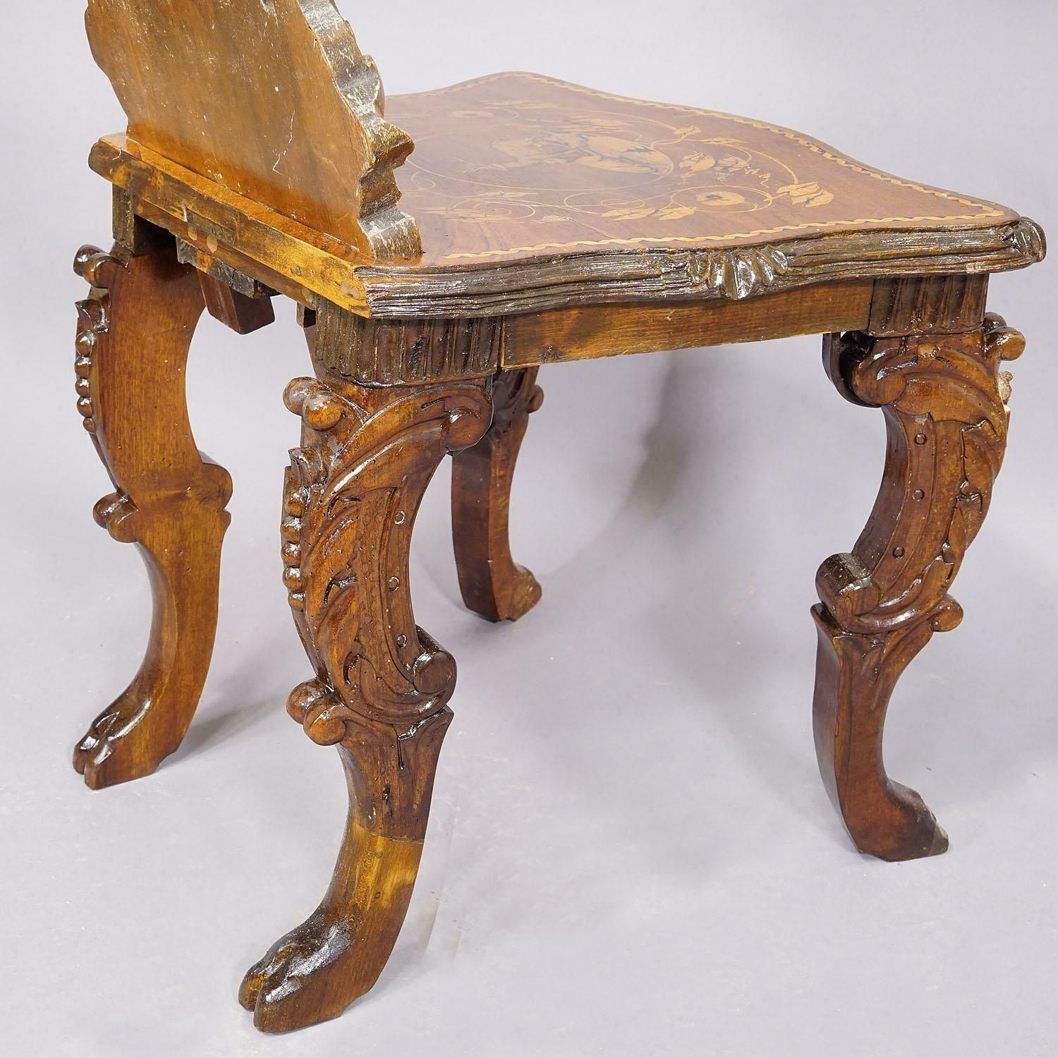2603.0 Pair Nutwood Edelweis Marquetry Chairs Swiss Brienz 1900s photo