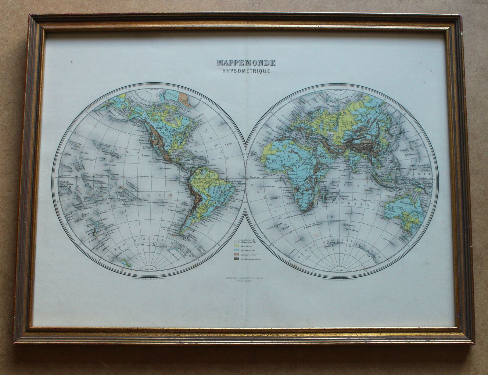 World Map ‘Mappemonde Hypsometric’ By J Migeon 1864