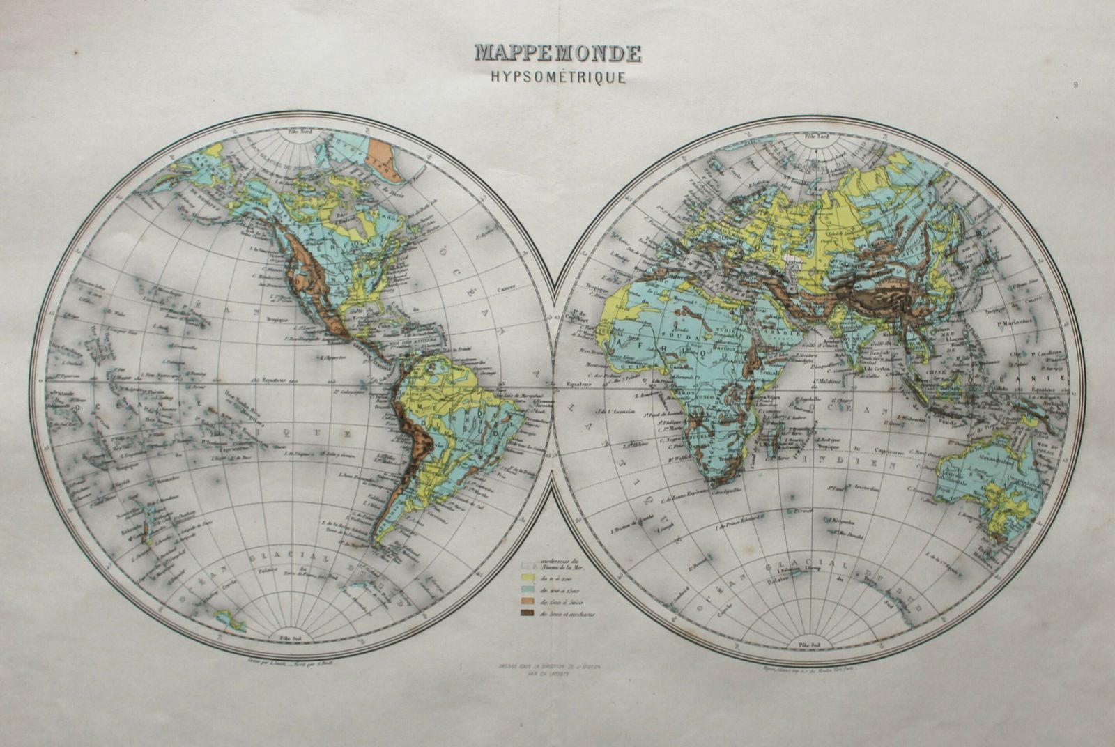World Map ‘Mappemonde Hypsometric’ By J Migeon 1864 photo Art