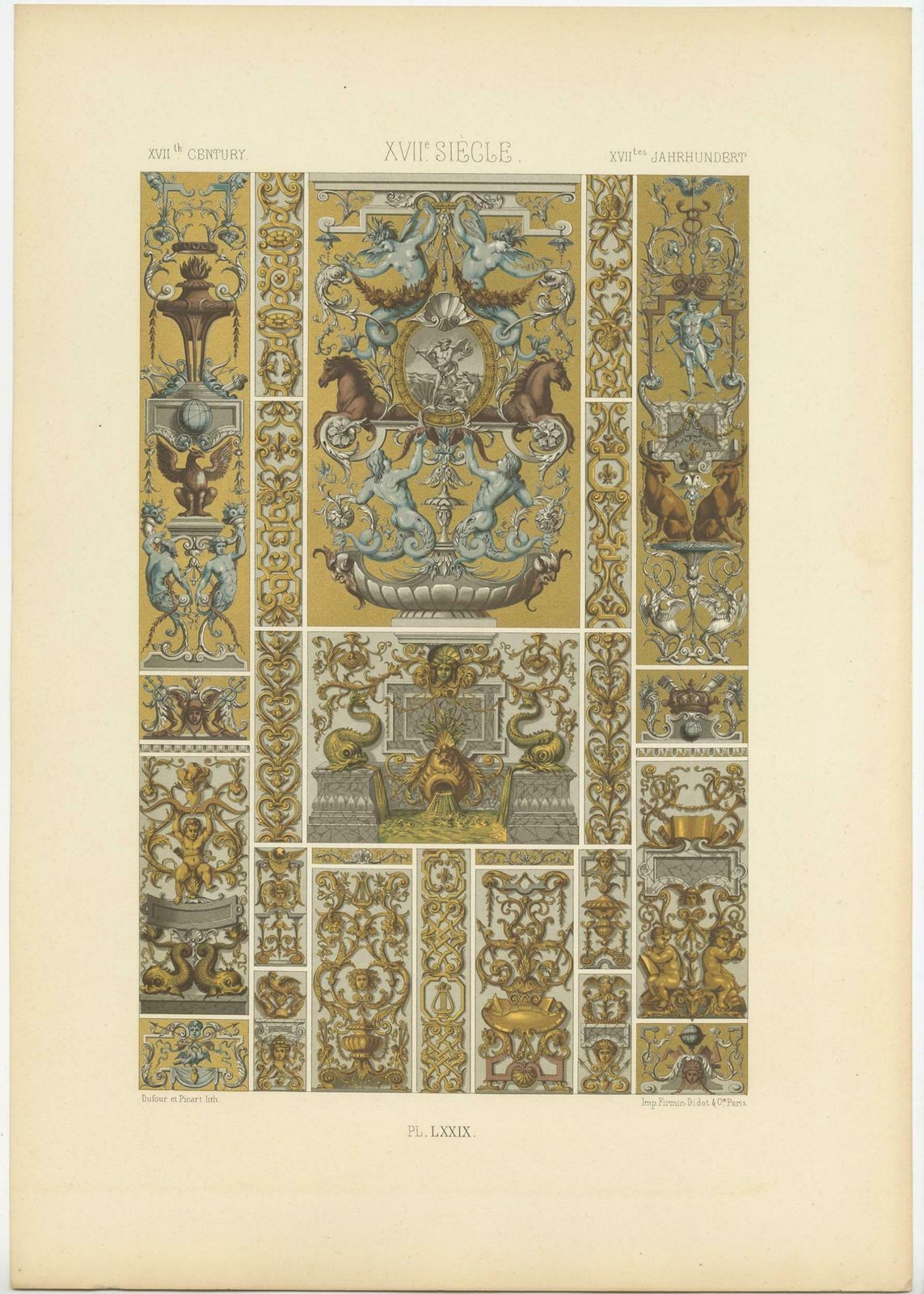 Pl. 79 Antique Print Of Xviith Century Ornaments By Racinet, Circa 1890 photo furniture