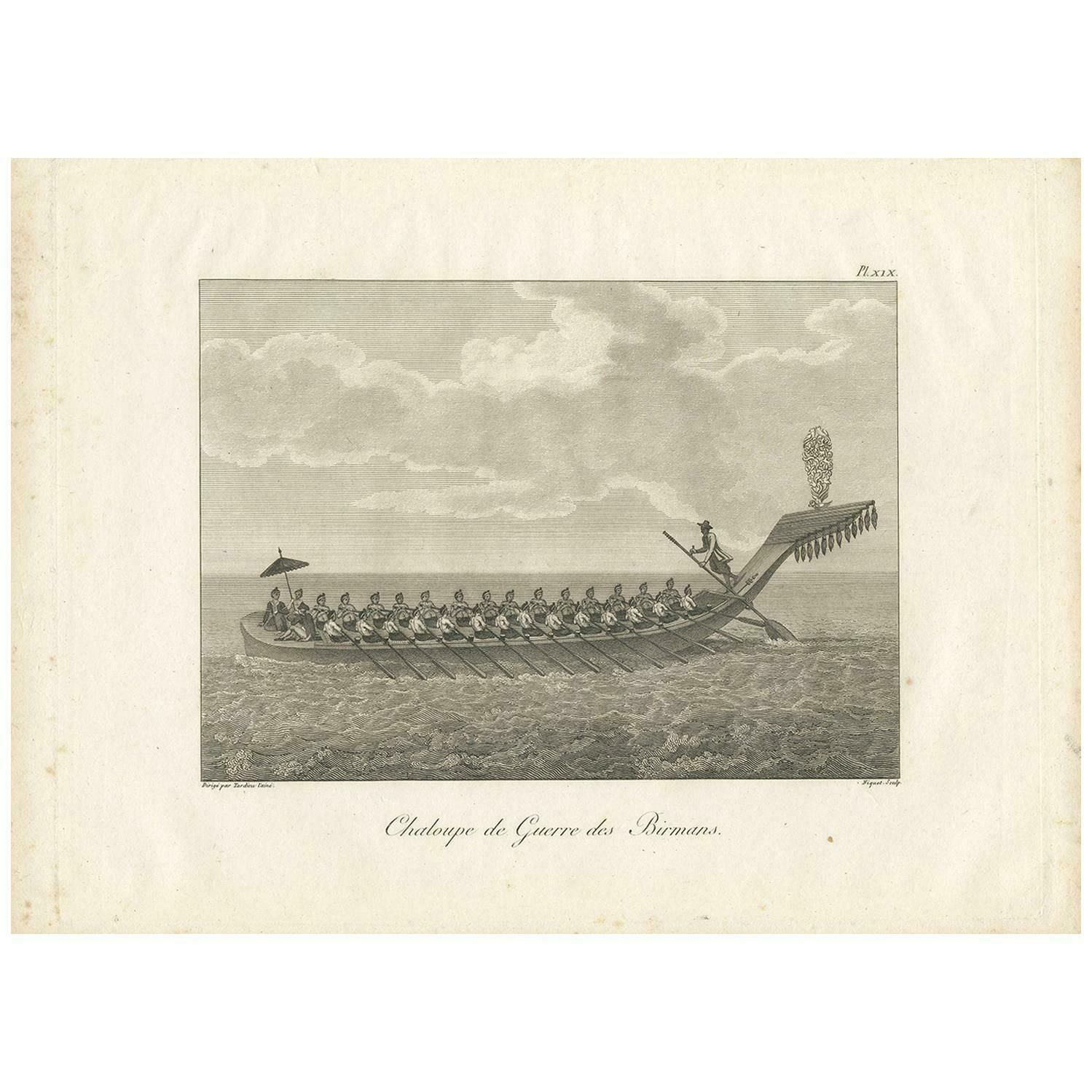 Antique Print Of A Burmese War Boat By Symes '1800'