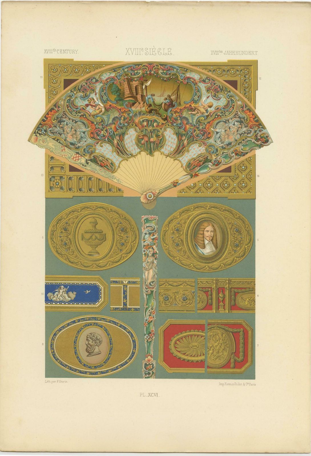 Pl. 96 Antique Print Of Xviiith Century Ornaments By Racinet (C.1890) photo for sale
