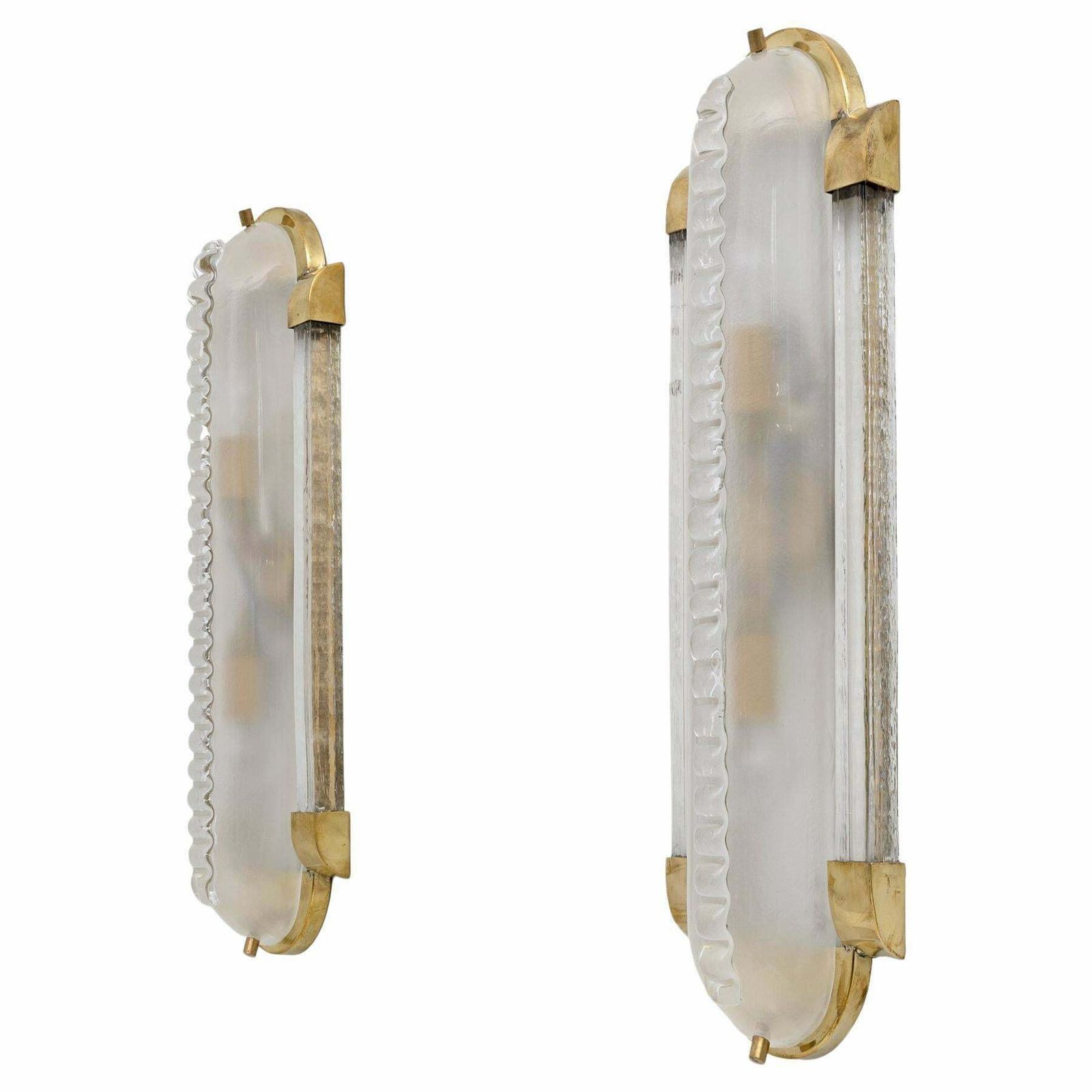 Pair Of Big Art Dèco Style Brass And Frosted Murano Glass Sconces