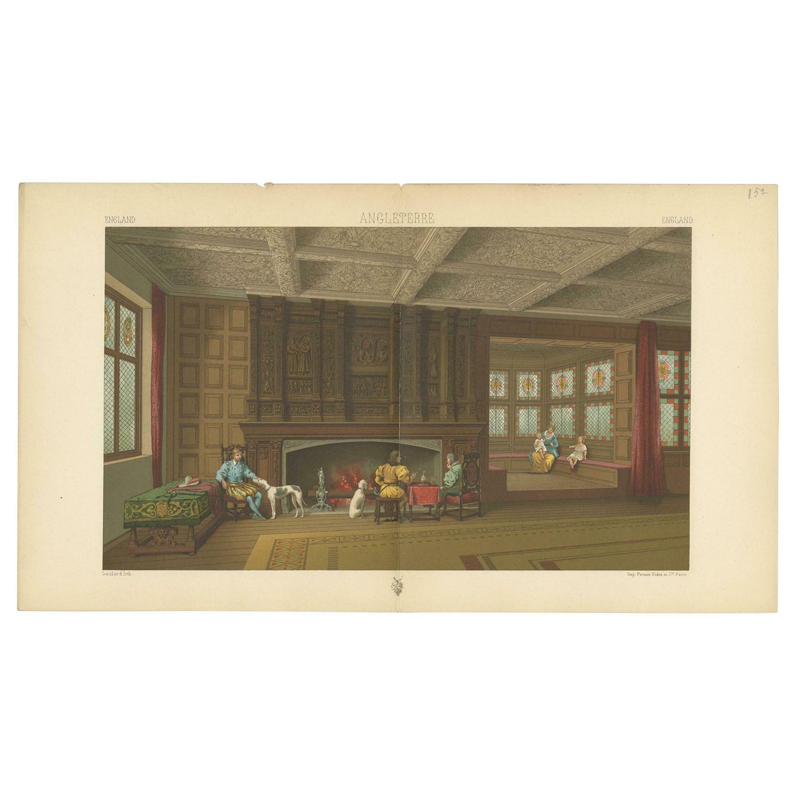 Pl. 152 Antique Print Of English Fireplace Room By Racinet, 'Circa 1880'