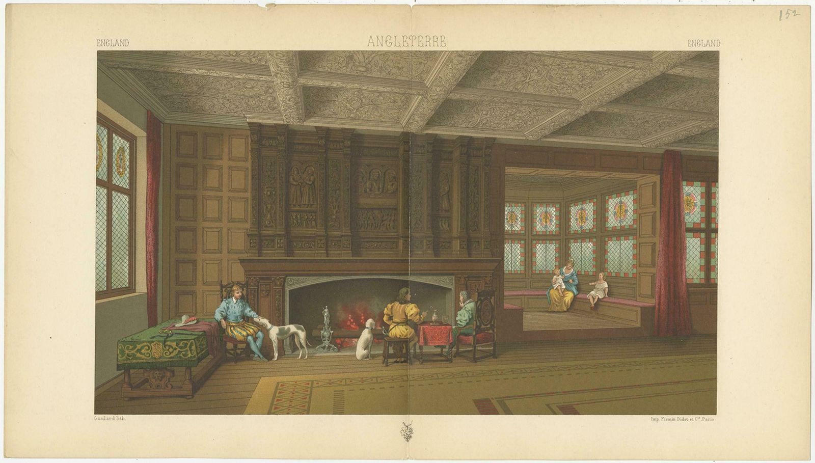 Pl. 152 Antique Print Of English Fireplace Room By Racinet, 'Circa 1880' photo furniture