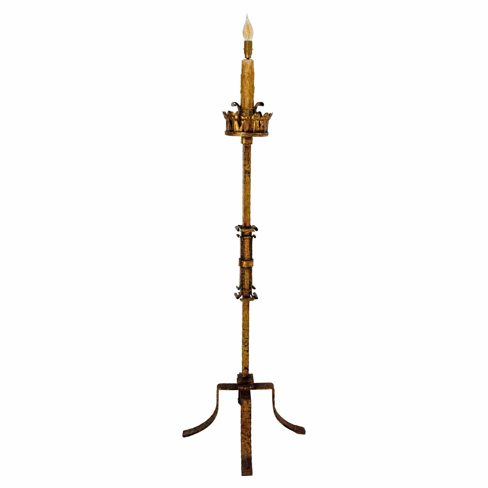 Golden Wrought Iron Floor Lamp Lantern Antique Chandelier, French, Circa 1960