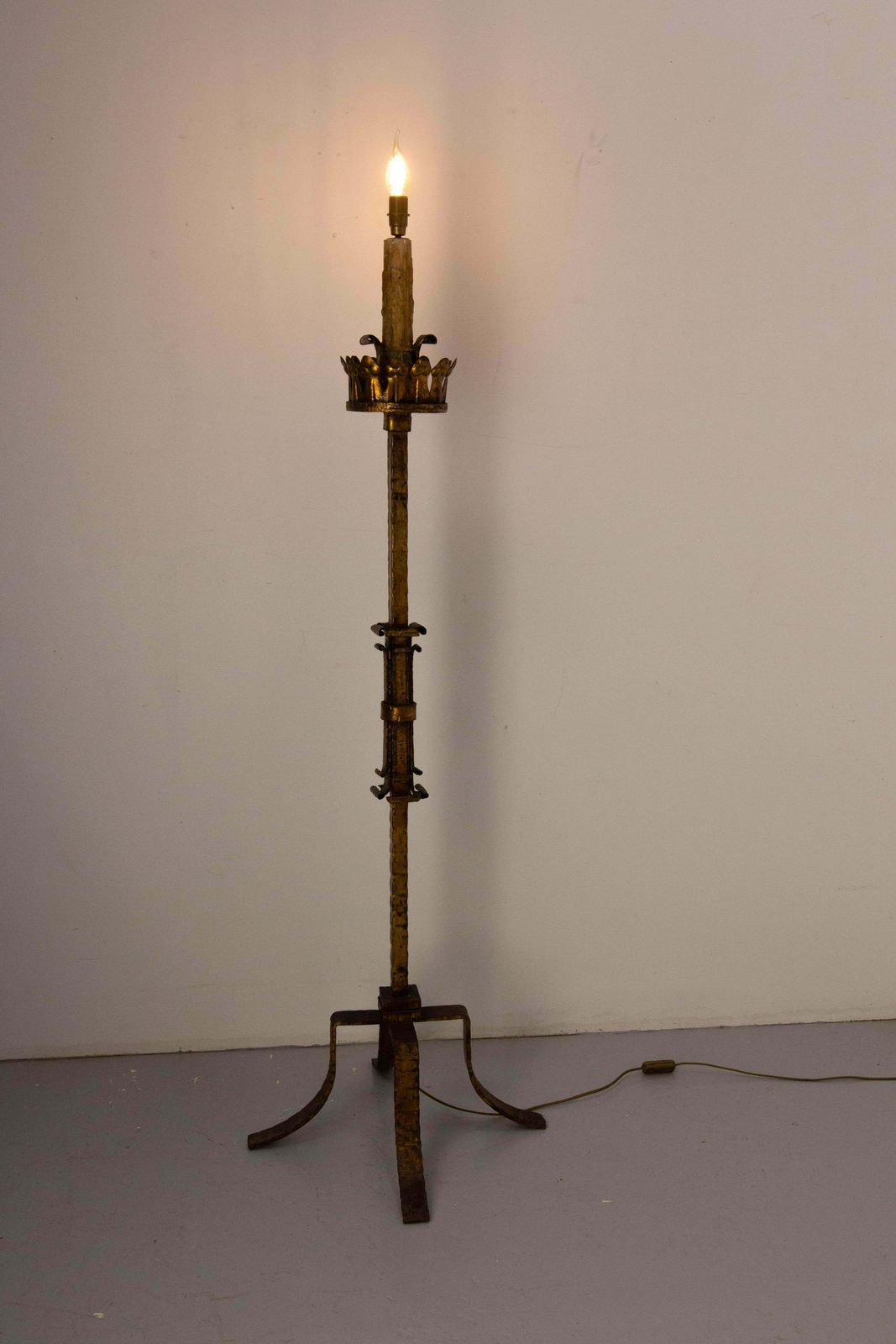 Golden Wrought Iron Floor Lamp Lantern Antique Chandelier, French, Circa 1960 photo for sale