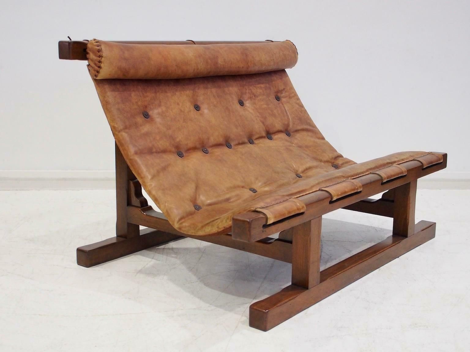 photo buy 20th Century Brazilian Brown Leather And Hardwood Sofa