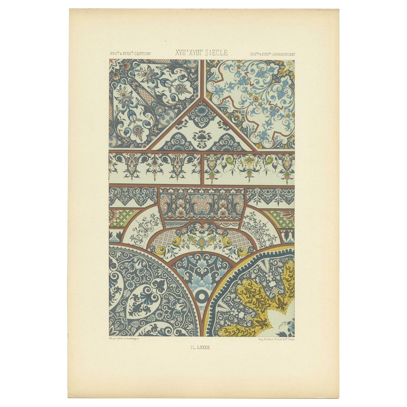 Pl. 82 Antique Print Of Xviith And Xviiith Century Ornaments By Racinet (C.1890)