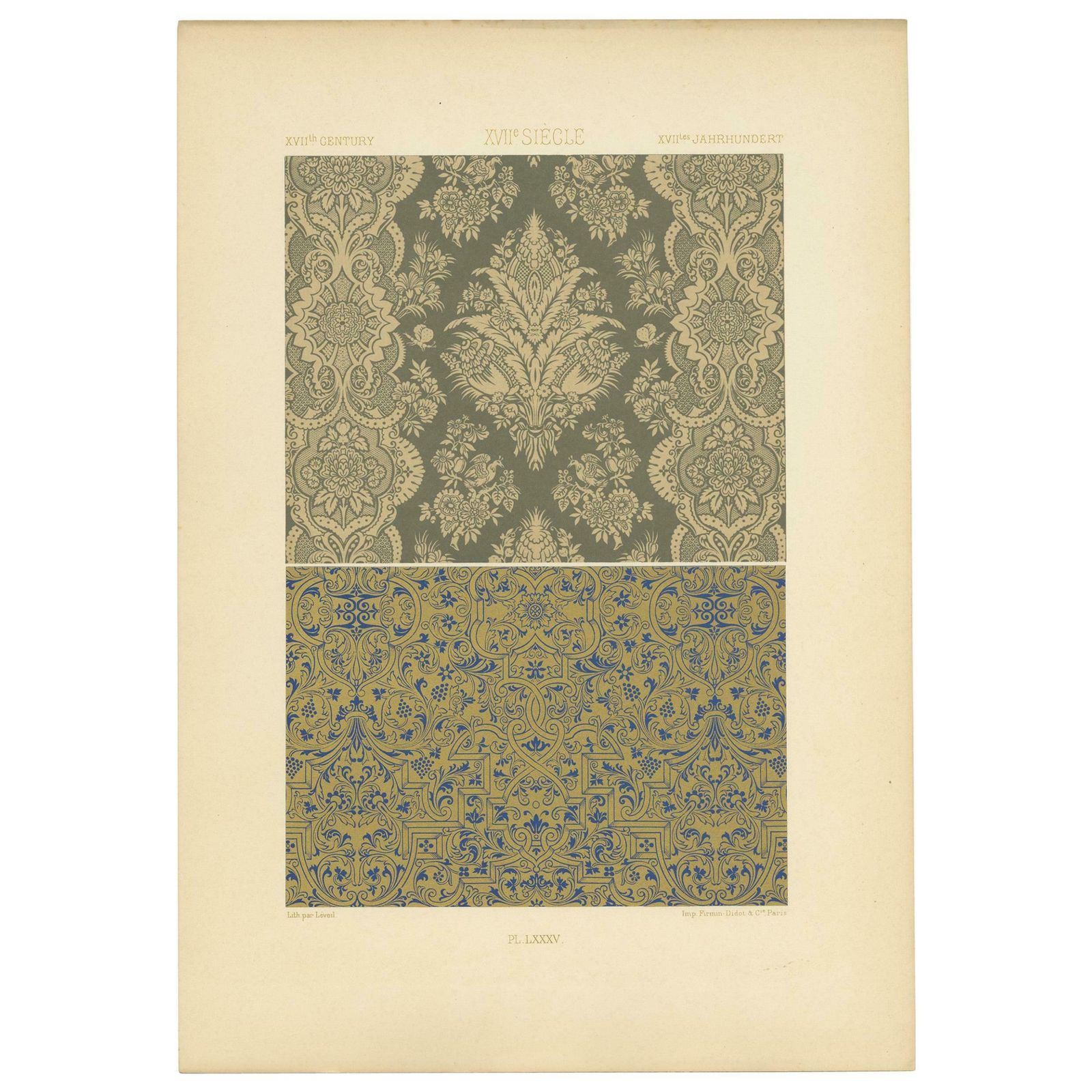 Pl. 85 Antique Print Of Xviith Century Ornaments By Racinet, Circa 1890