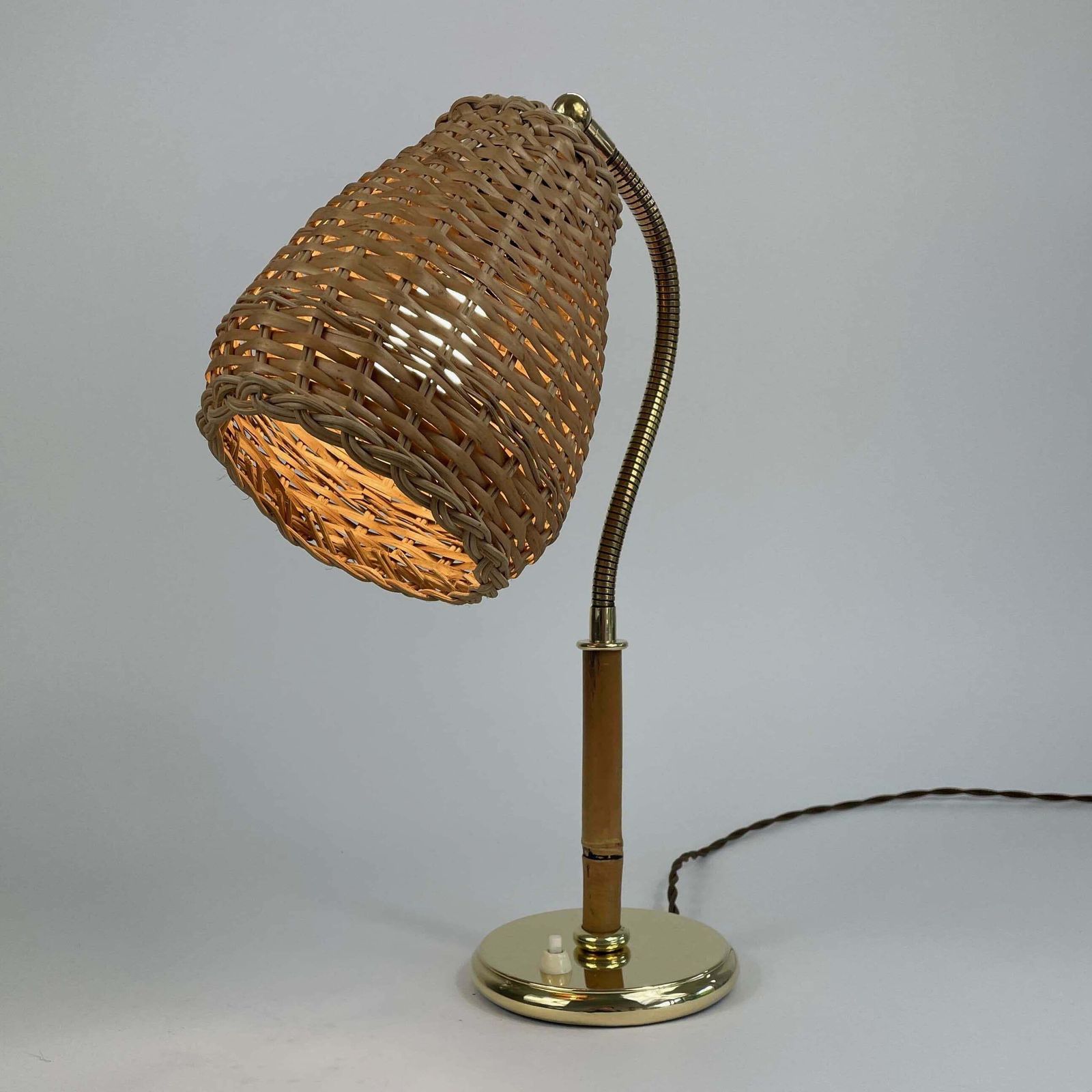 photo vintage Wicker, Bamboo & Brass Table Lamp, Austria 1950s