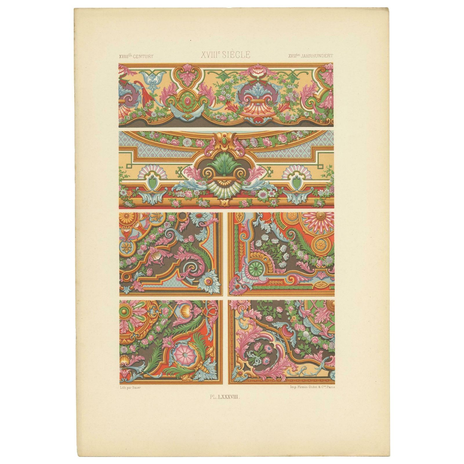 Pl. 88 Antique Print Of Xviiith Century Ornaments By Racinet, Circa 1890