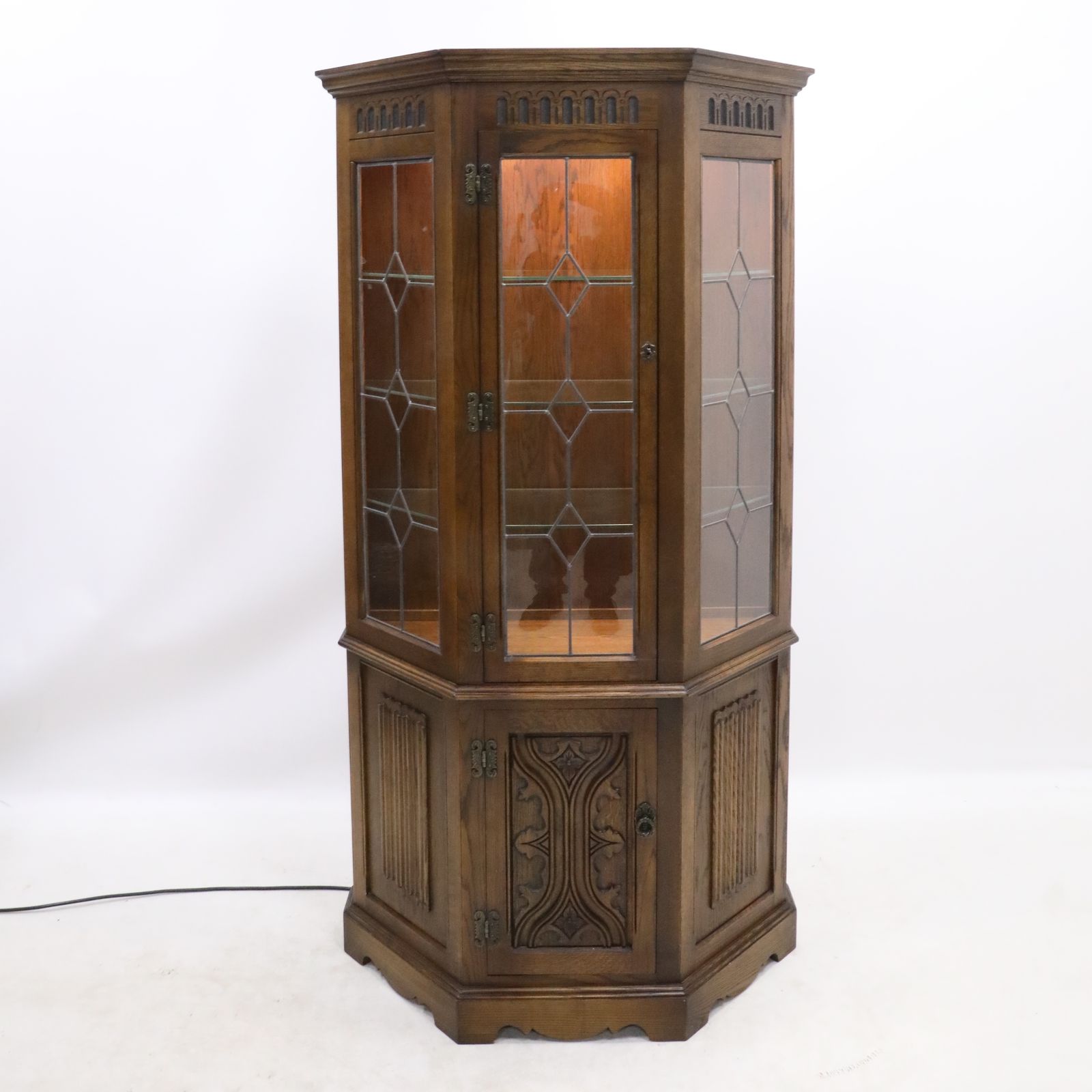 Old Charm Display Cabinet Light Oak Leadlight Free* Uk Delivery photo vintage
