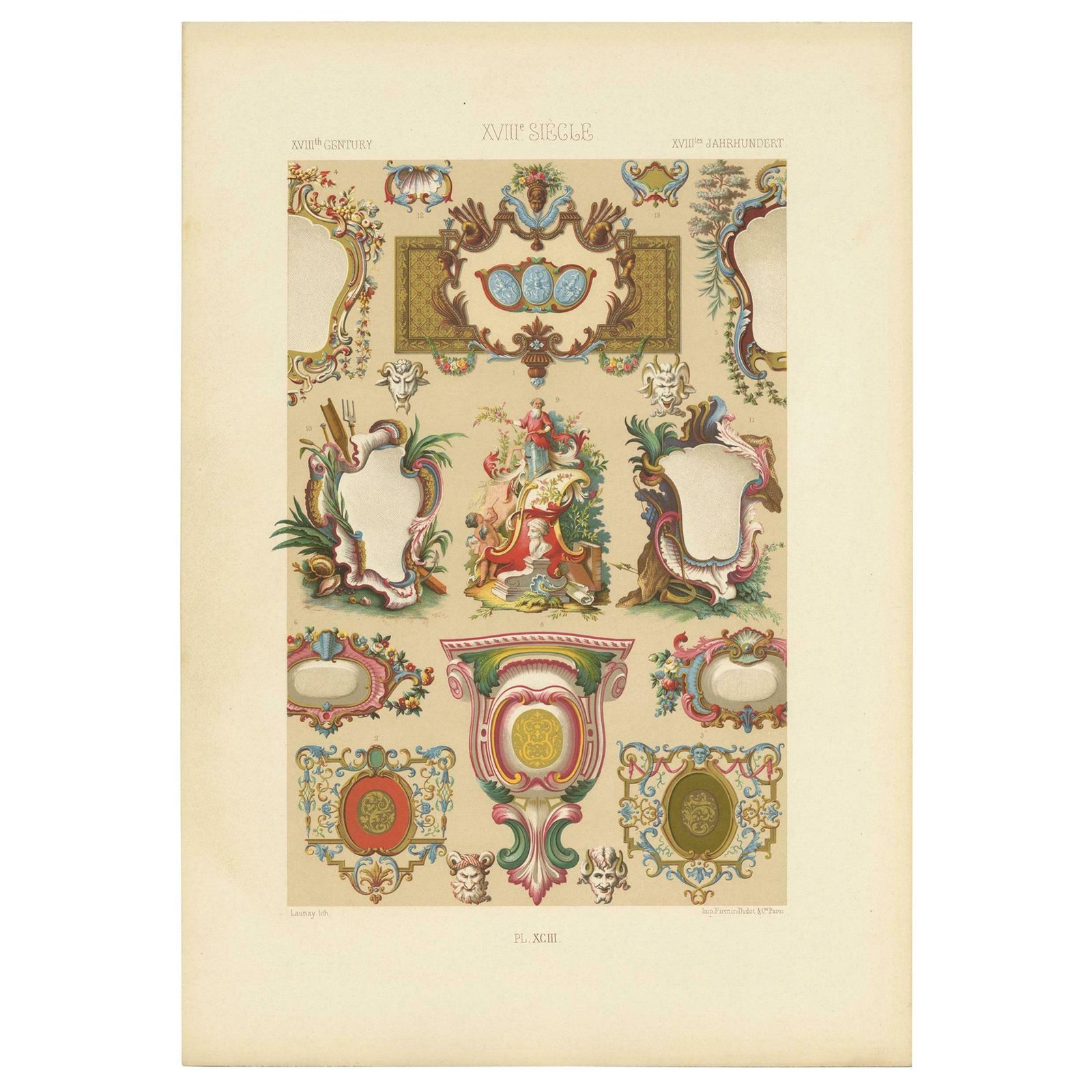 Pl. 93 Antique Print Of Xviiith Century Ornaments By Racinet (C.1890)