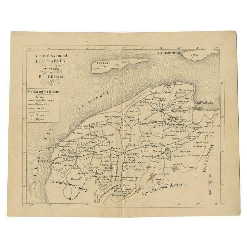Antique Dutch Map Of The Region Of Leeuwarden By Behrns, 1861a