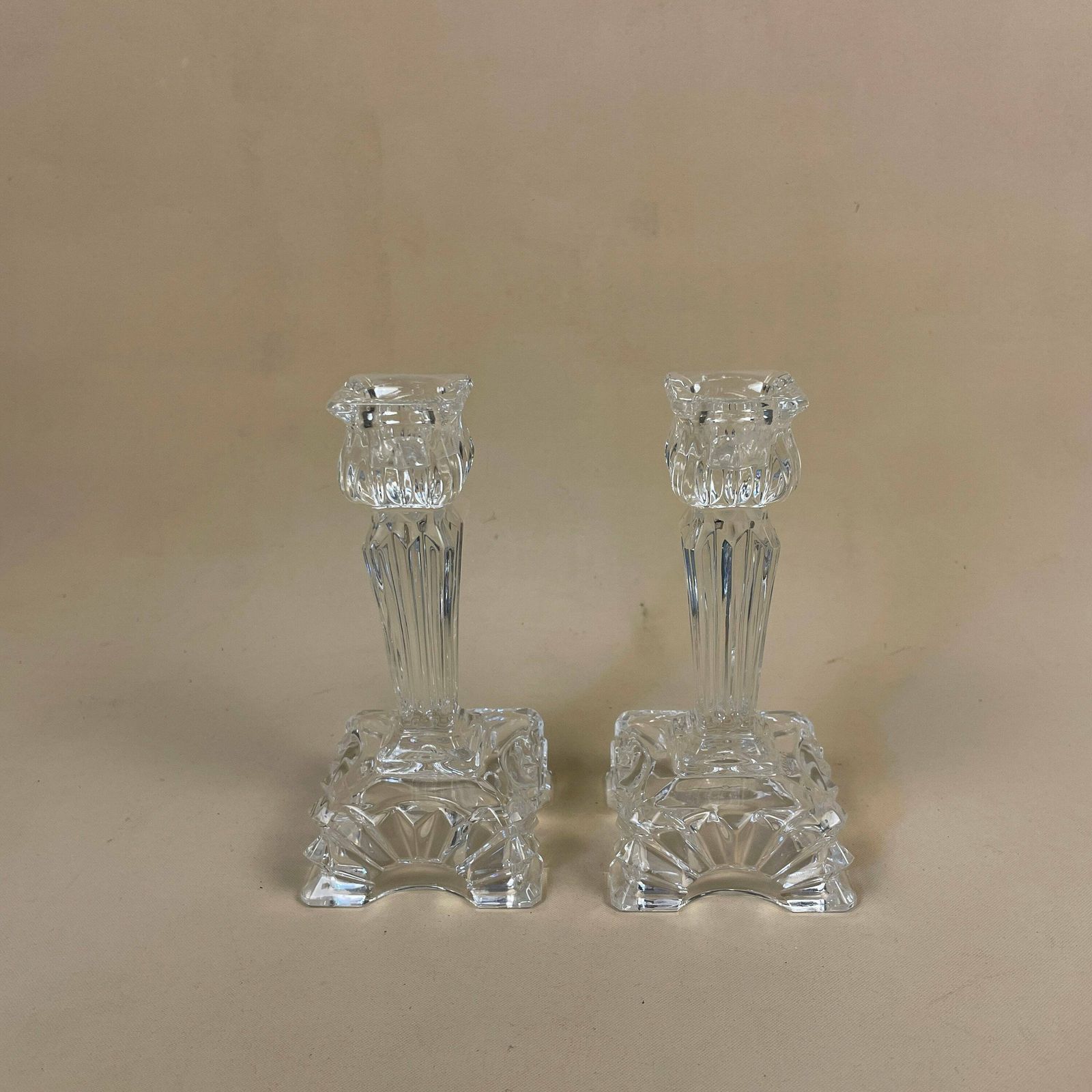 Vintage Pair Of Matching Clear Glass Candlestick Candle Stick Holder Taper Dinner Candlesticks Chandelier Square Base Antique Art Deco photo Home Decor