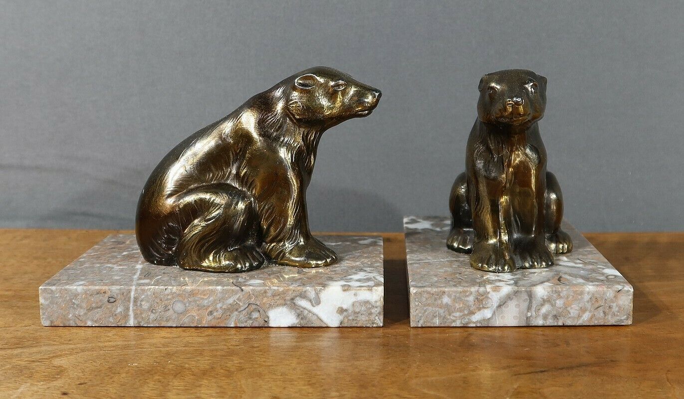 Pair Of “Bear” Bookends In Golden Metal – 1920 photo Home Decor