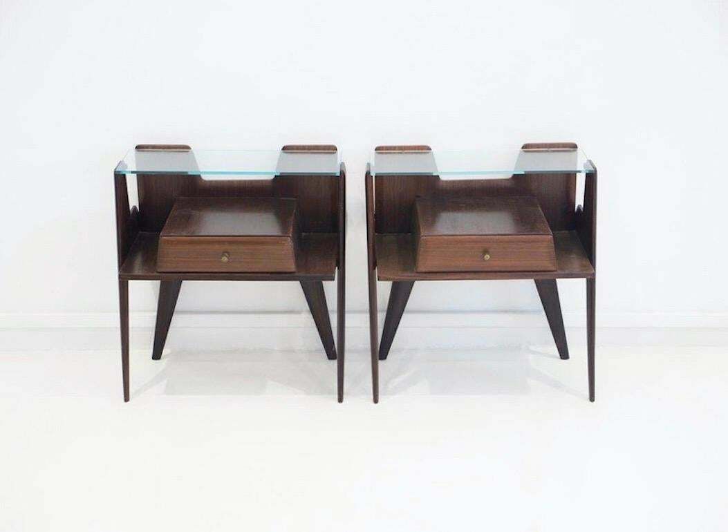 Pair Of Italian Modernist Wooden Bedside Tables With Glass Top photo for sale