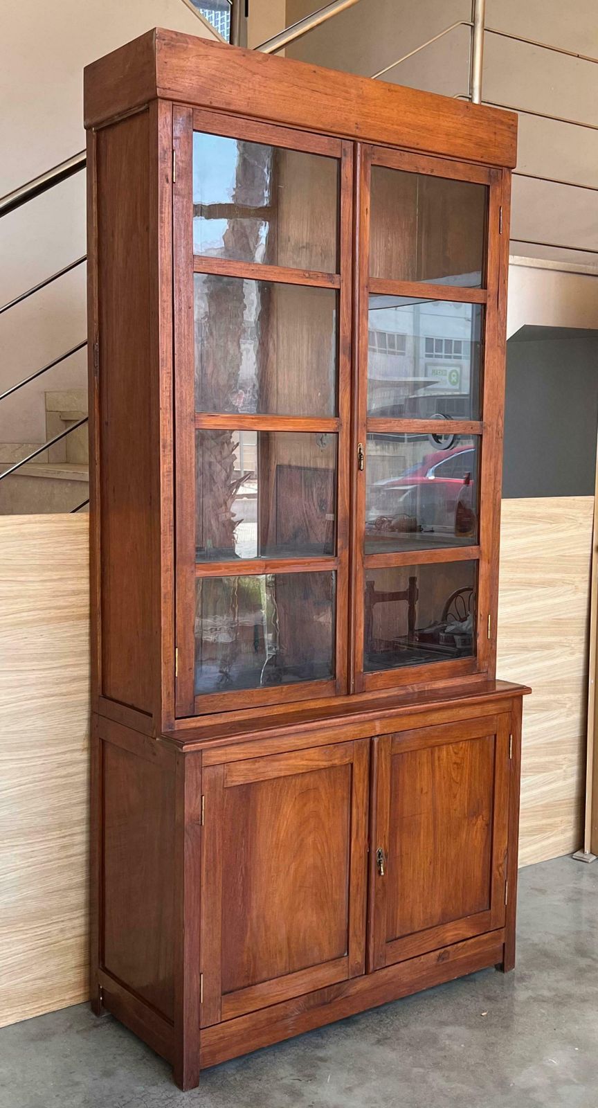 Spanish Large Pine Cupboard Or Bookcase With Glass Vitrine, 19th Century photo for sale