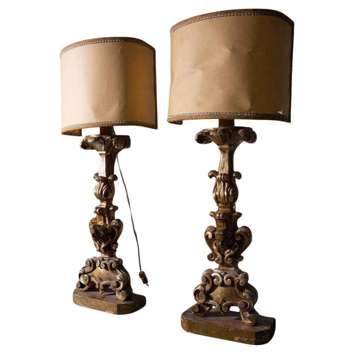 Pair Of Antique Wooden Lamps, Gilded By Pietro Cipriani