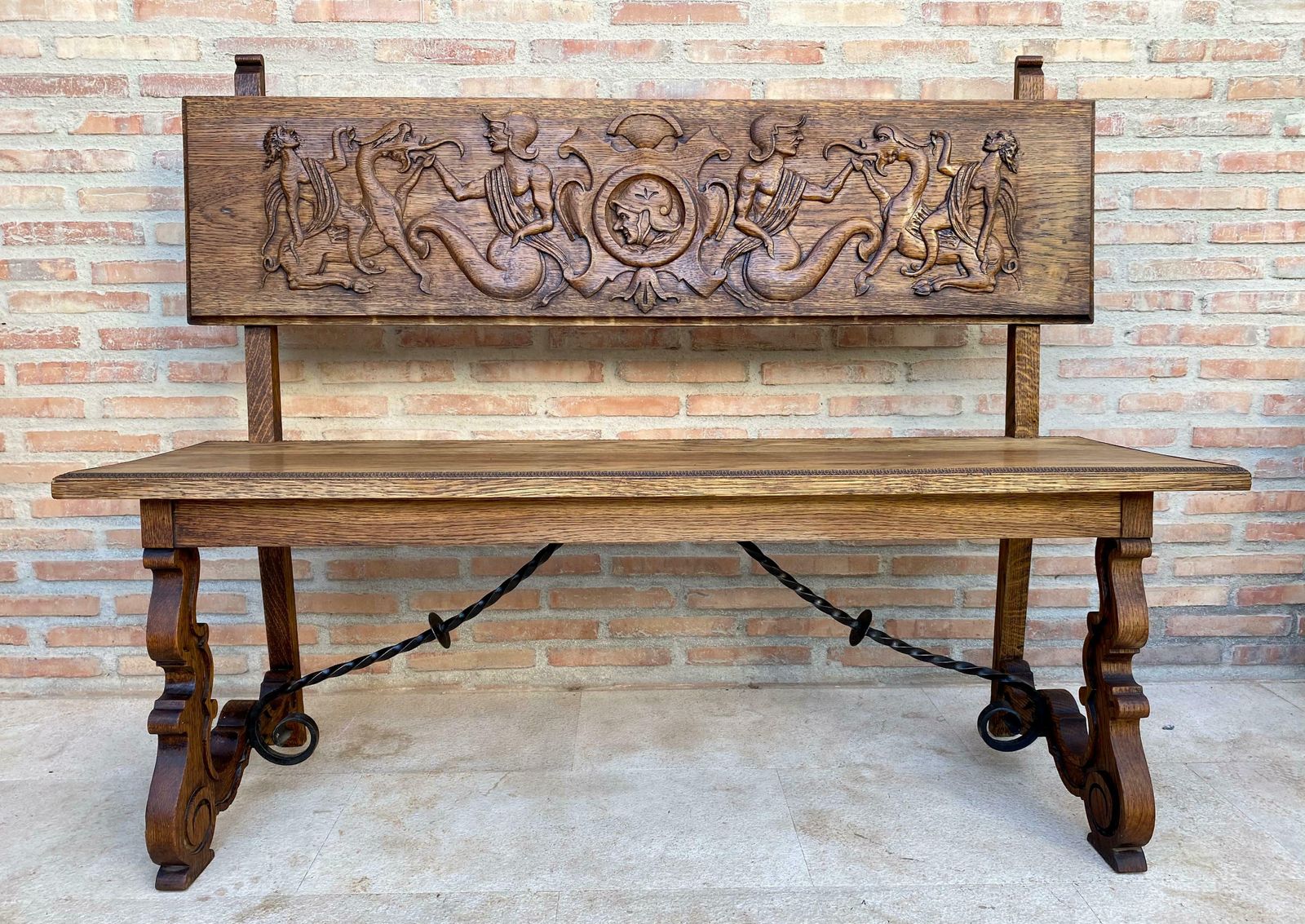 Spanish Renaissance Carved Oak Bench Banquette Escaño, 1890s photo furniture