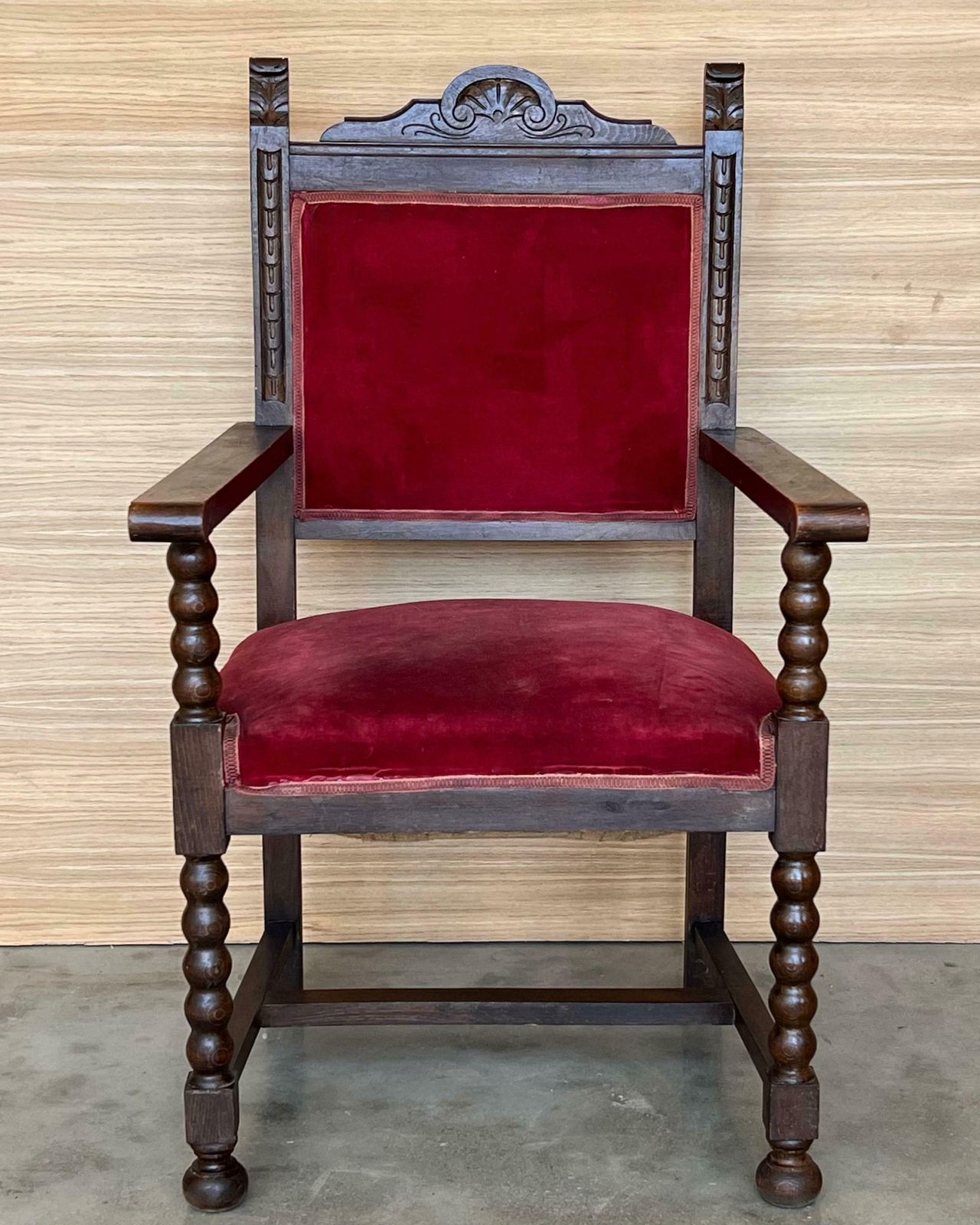 19th Century Spanish Colonial Altar Carved Armchair With Red Velve Seat And Back photo furniture