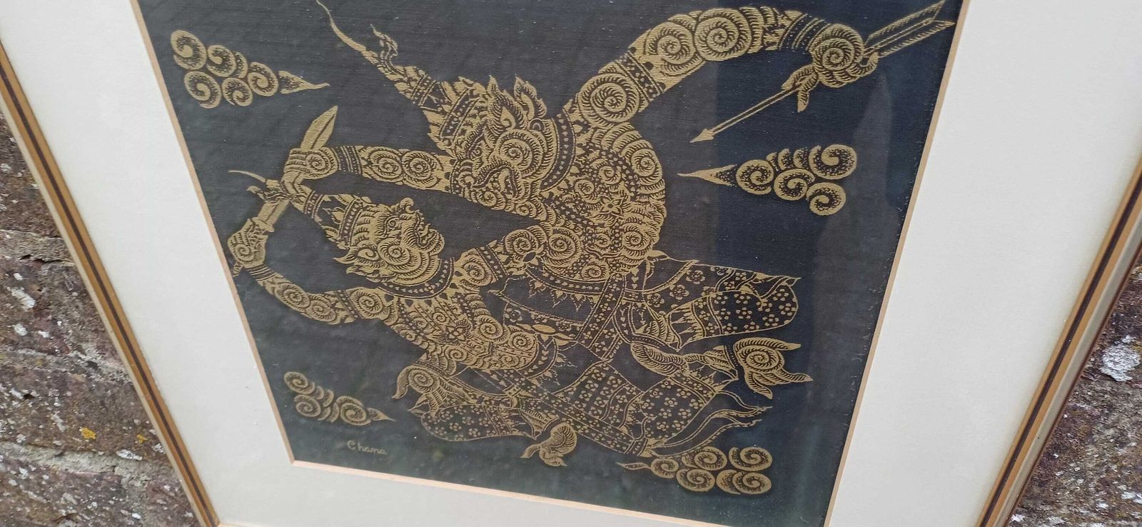 Pair Of Oriental Warriors Print On Silk With Gold Frames. Chana. photo for sale