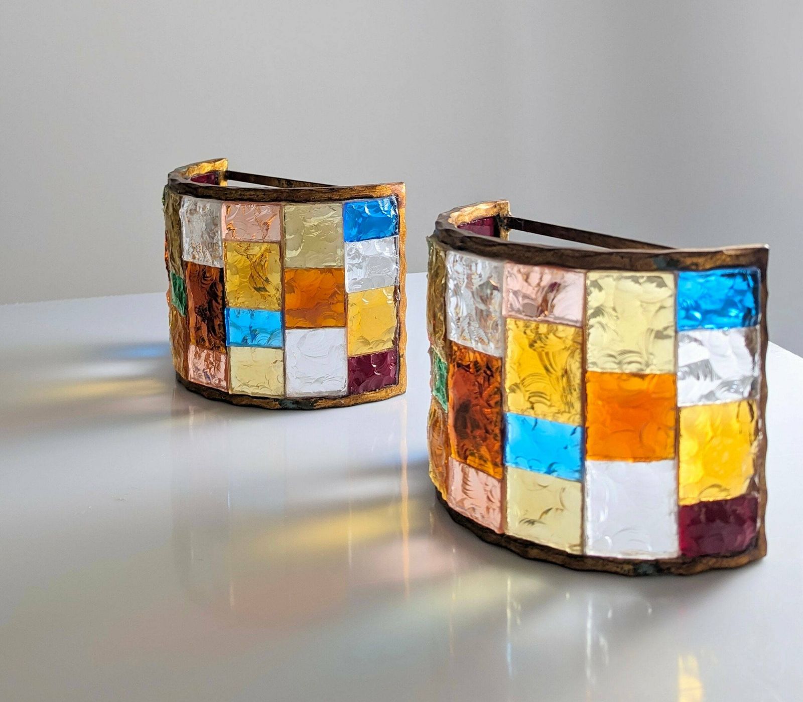 Pair Of Multicolored Hammered Glass And Wrought Iron Sconces By Longobard, Italy, 1970s
