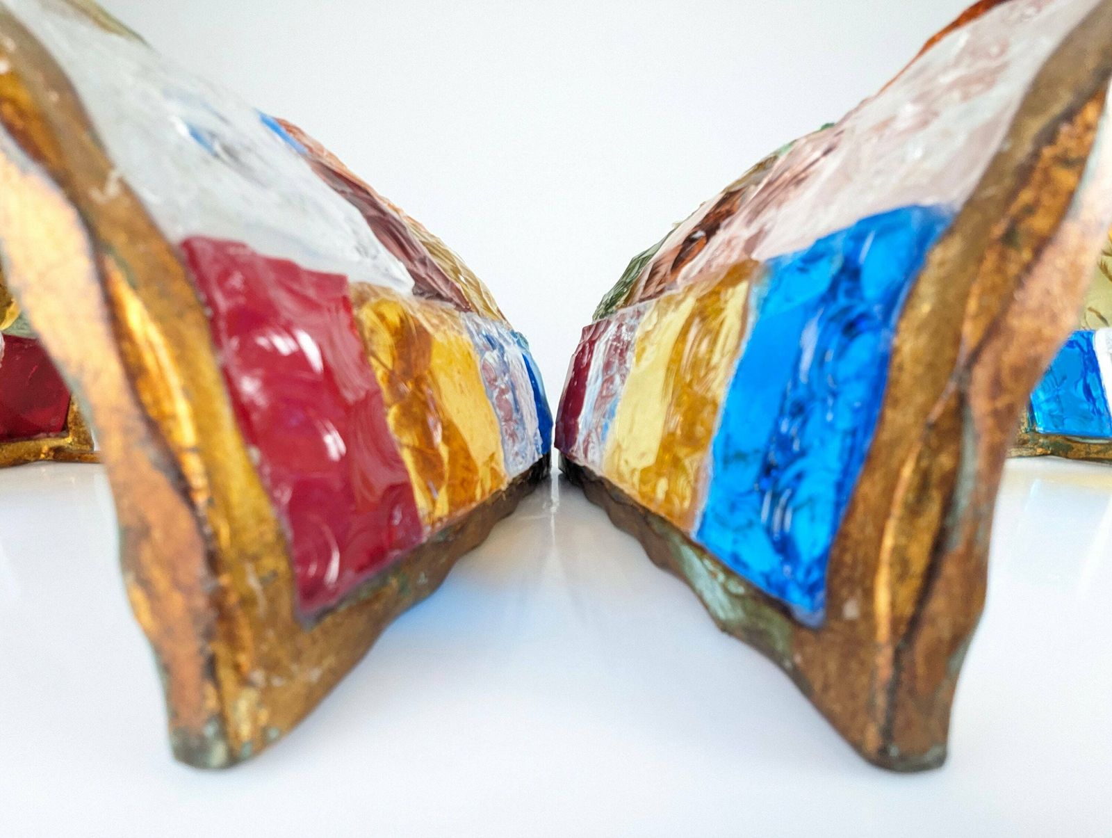 Pair Of Multicolored Hammered Glass And Wrought Iron Sconces By Longobard, Italy, 1970s photo Lighting