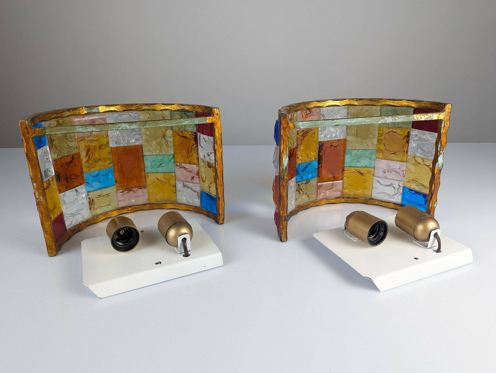 Pair Of Multicolored Hammered Glass And Wrought Iron Sconces By Longobard, Italy, 1970s photo buy