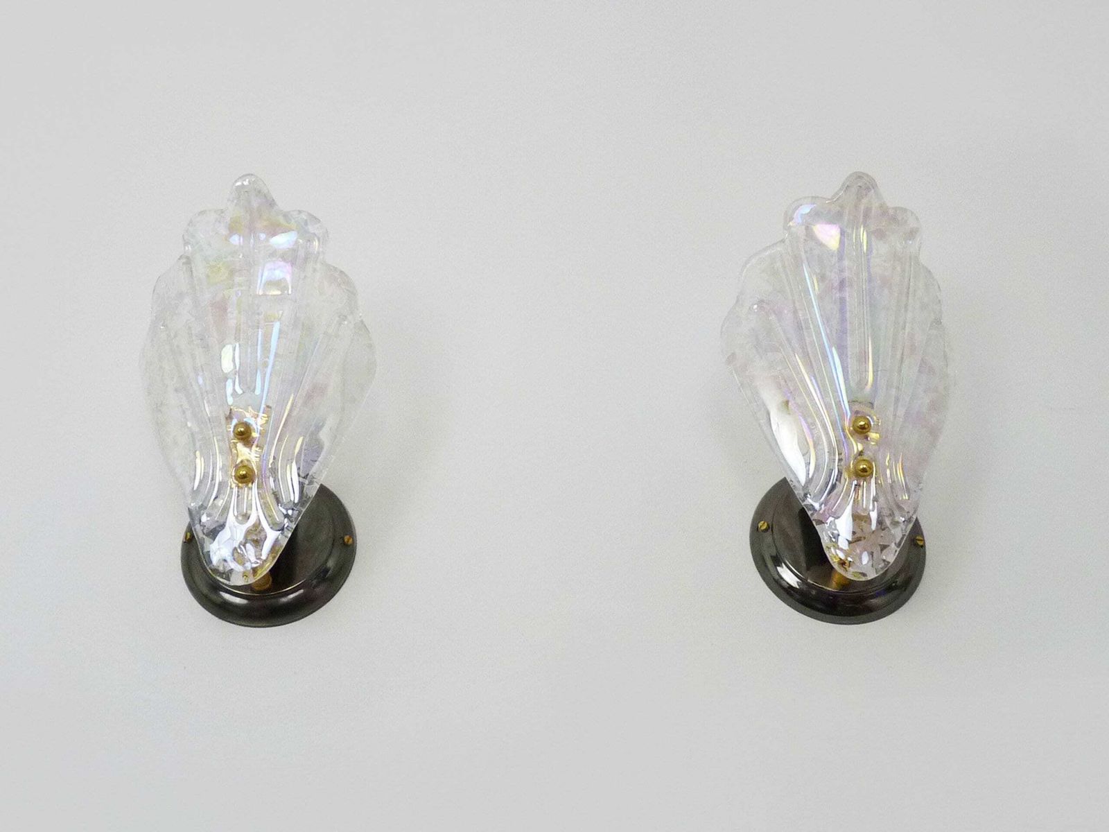Magnificent Pair Of Vintage Leaf Shaped Wall Lights. In Molded Glass With White And Pink Glitter.. Year 80 photo for sale