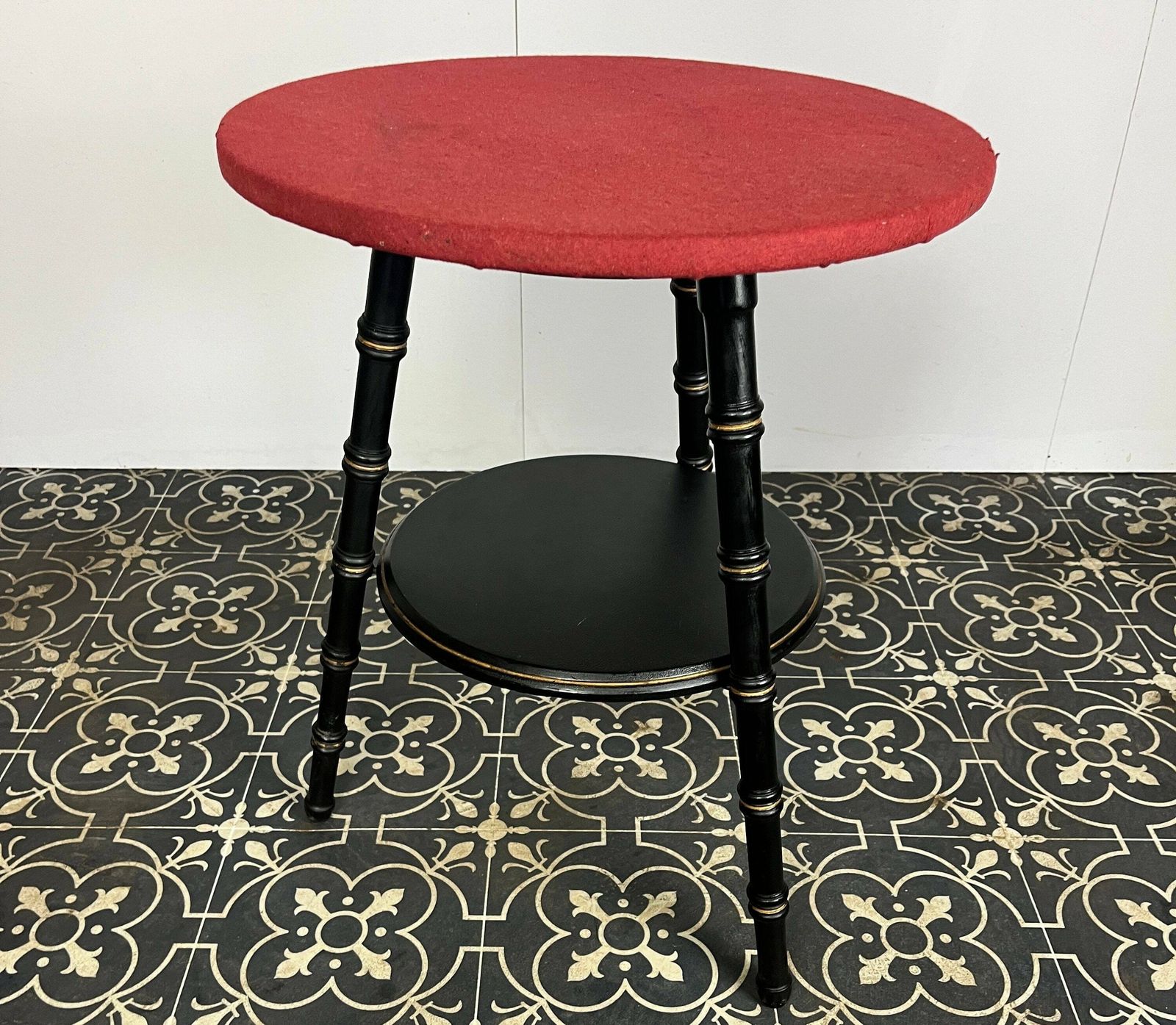 photo for sale Early 20th Century Stylish Ebonised Coffee Or Side Table, Period Faux Bamboo, Antique Furniture, Red Baize, Gold Detail, Interior Design