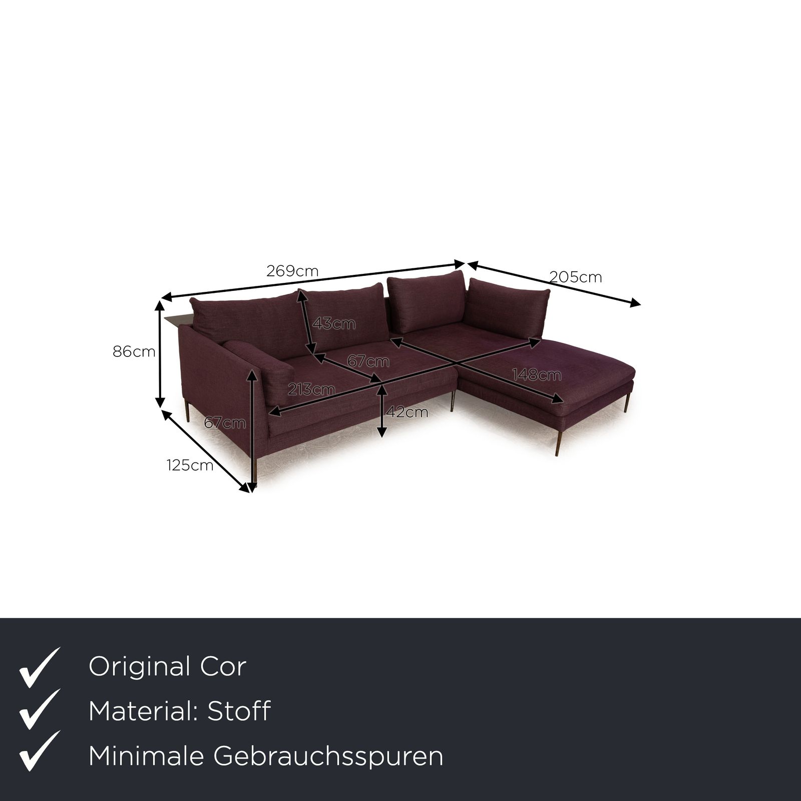 Canapé d'angle Cor Pilotis en tissu violet, récamière droite photo furniture