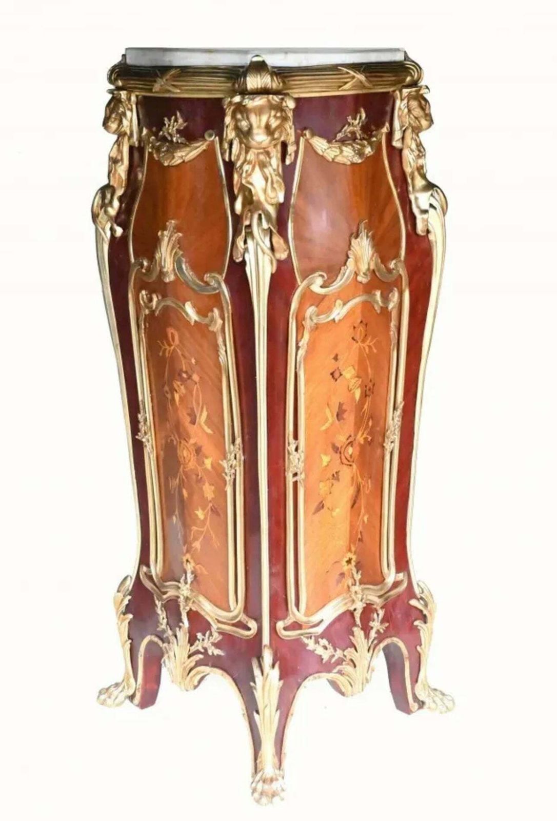 Pair Of, Antique Inlaid Marble Top Pot Stands With Bronze Detailing photo furniture